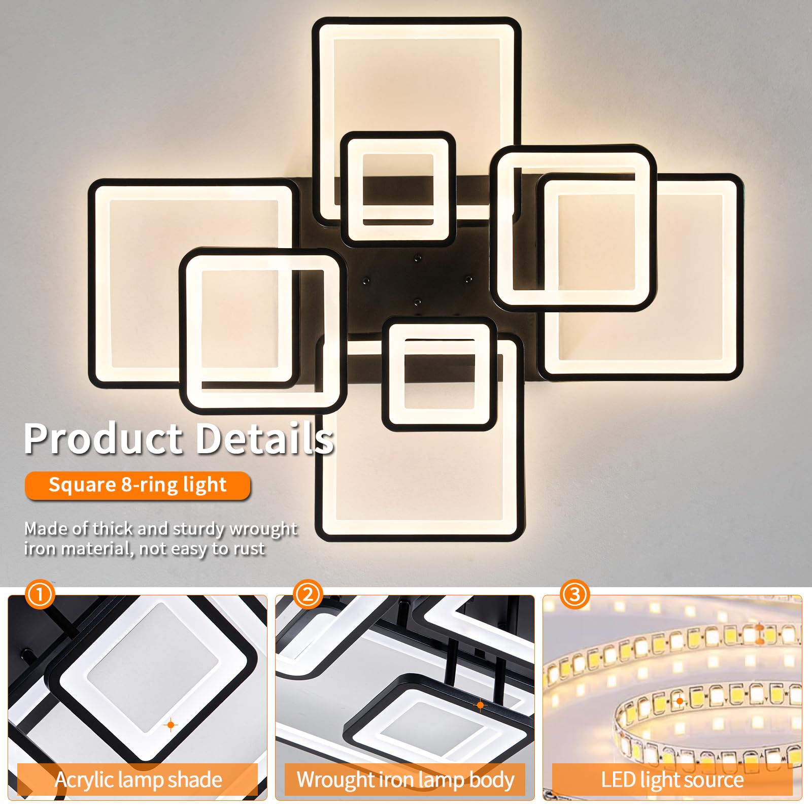 Modern Dimmable LED Ceiling Light with Remote Control - Black Flush Mount Chandelier, Acrylic Ring Fixture for Living Room, Dining Room, Bedroom - Energy Efficient Lighting Solution for Home Decor (8H-FANG-BL-04) | Perfect for Modern Interiors, Apartments and Office Spaces