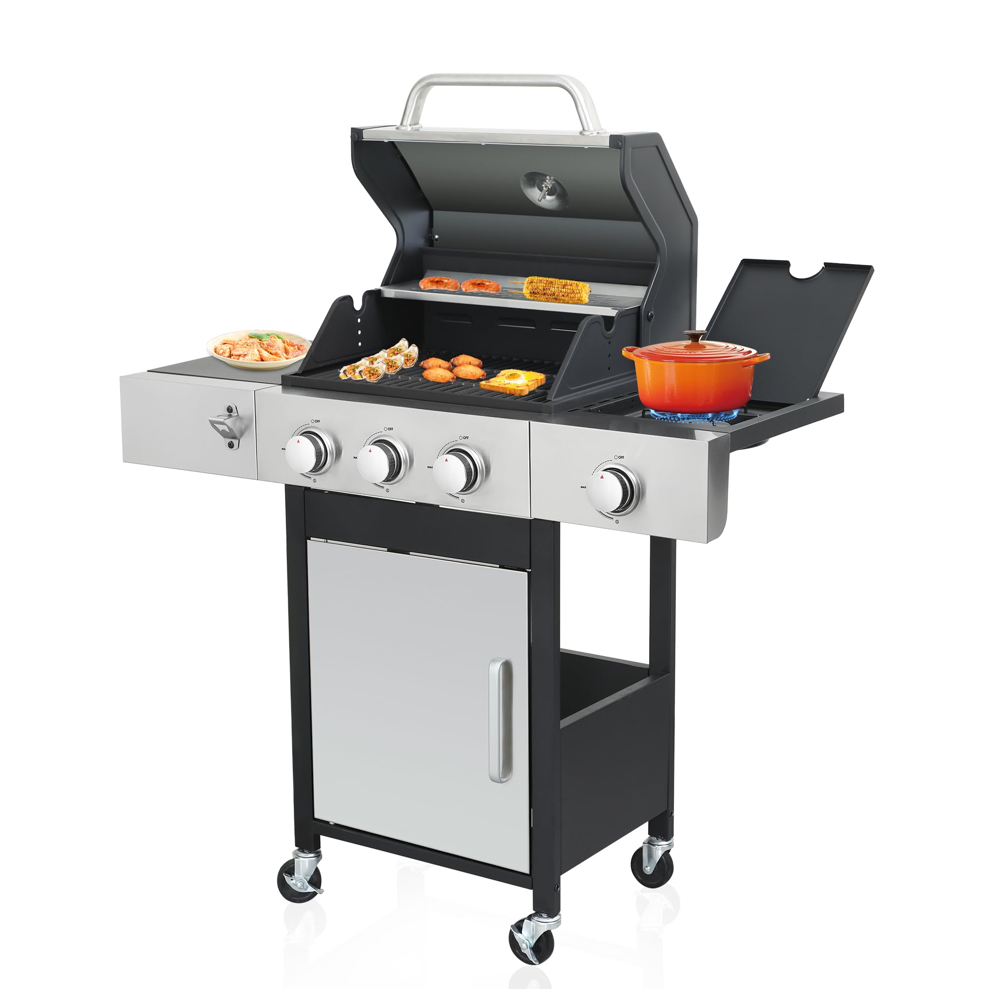 4 Burner Propane Gas BBQ Grill - Stainless Steel Outdoor Grill with Enameled Cast Iron Grids & Rectangular Griddle - 46,790 BTU (3+1 Burner) - Perfect for Patio, Garden, Backyard, Camping & Tailgating Parties