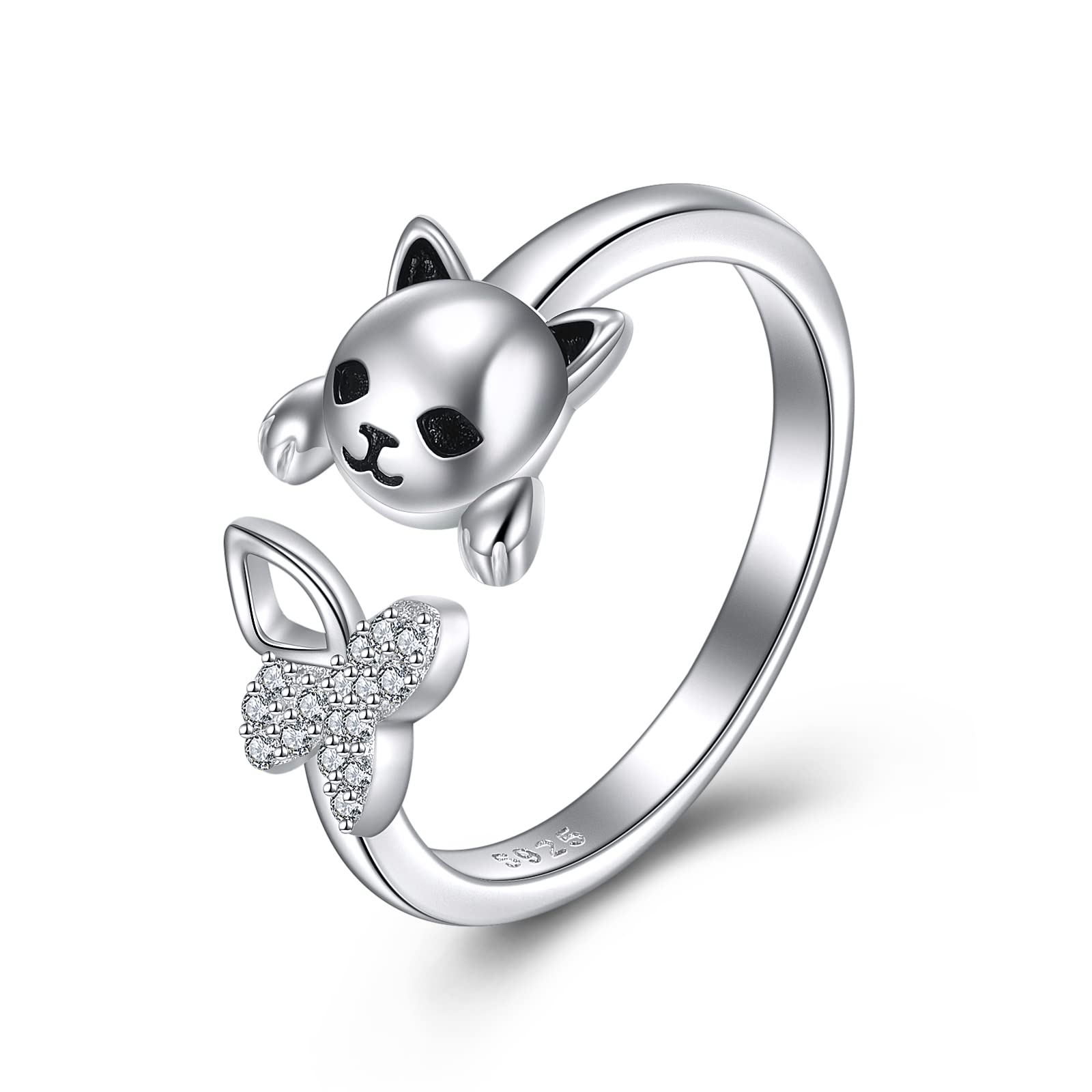 YAFEINI Sterling Silver Cat & Butterfly Open Ring - Elegant Jewelry Gift for Women Cat Lovers | Perfect for Birthday, Anniversary & Everyday Wear