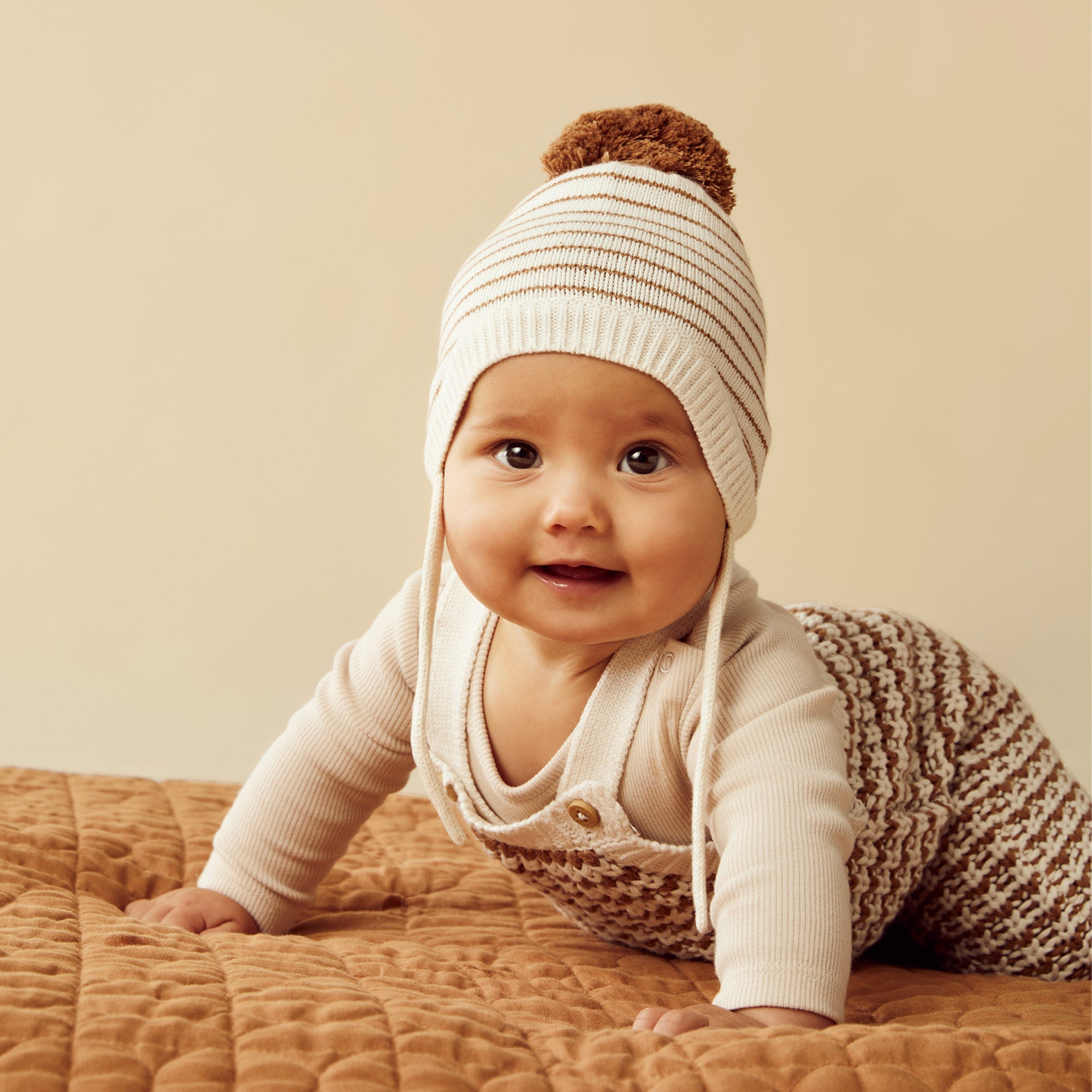Organic Cinnamon Stripe Knitted Baby Bonnet - Soft & Breathable Cotton for Newborns & Infants - Perfect for Sleeping, Outings & Photo Shoots