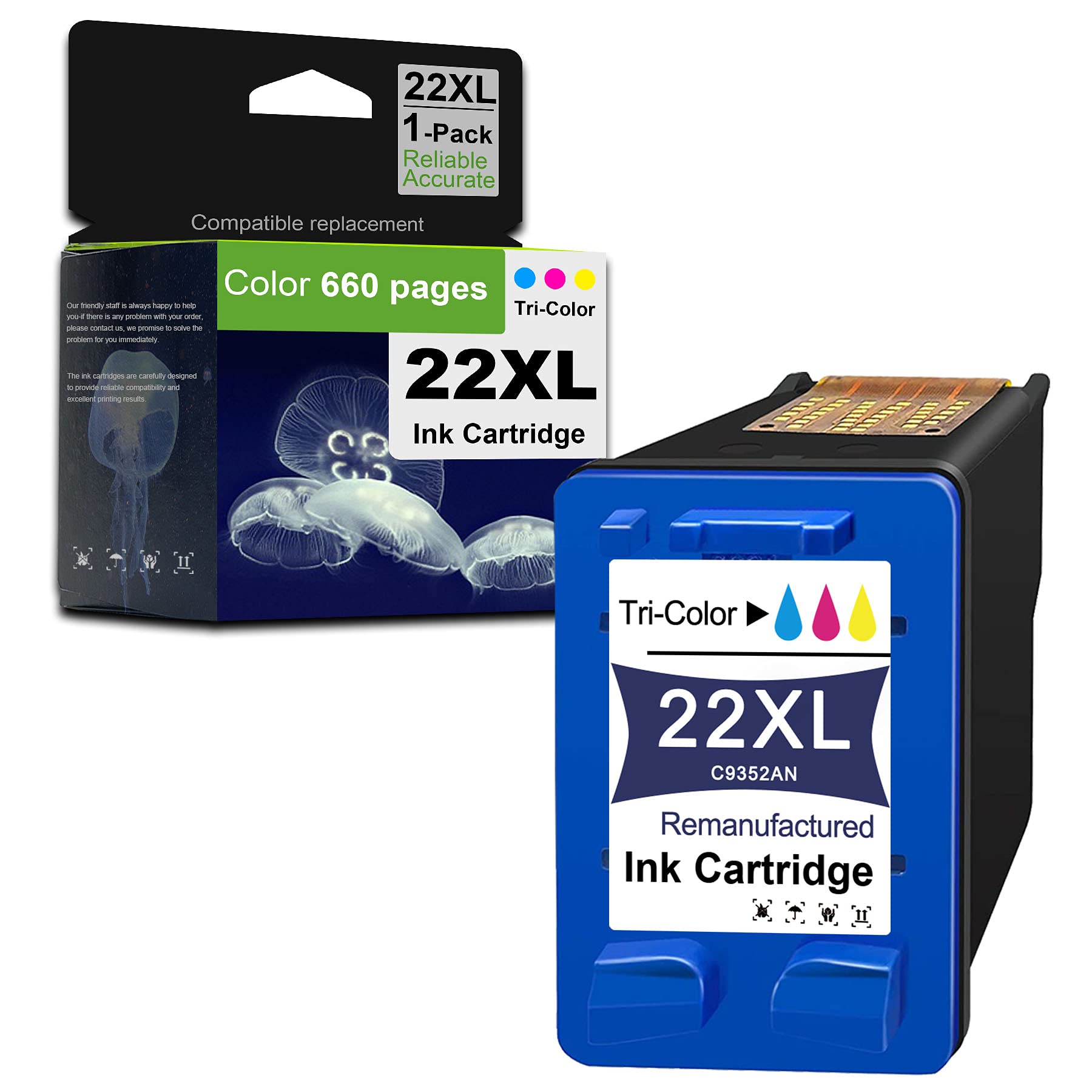 High Yield Remanufactured HP 22XL (C9352AN) Tri-Color Ink Cartridge - 1 Pack - Compatible with HP Deskjet D1311/D1320/D1330/D1341/D1420/D1430/D1445/D1520/D1530/D2330/D2460 & PSC 1410/3180 Printers - Perfect for Home Office Printing, School Projects & Small Business Documents