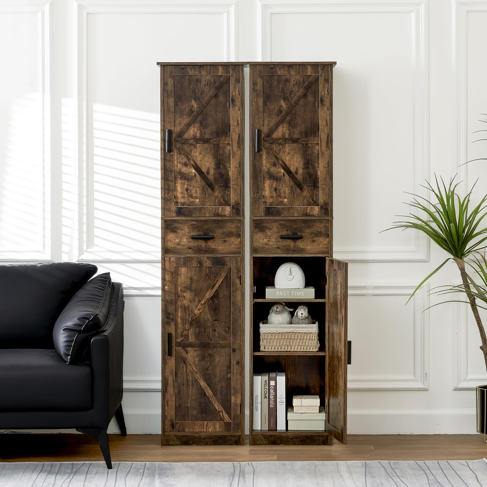 WEENFON 6-Shelf Tall Storage Cabinet with Drawer, Adjustable Shelves Narrow Bathroom Cabinet - Rustic Brown Organizer for Living Room, Home Office, Bedroom & Bathroom Storage Solutions