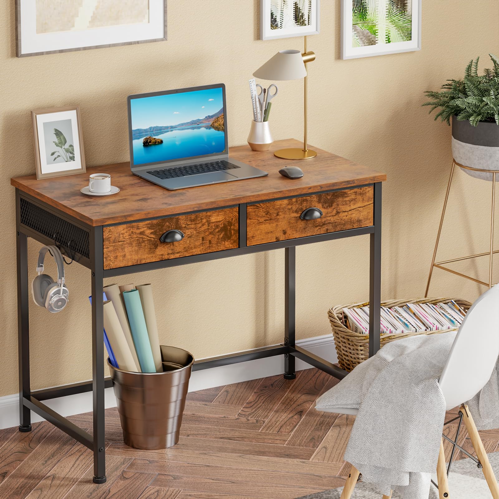 Furologee 36 Inch Computer Desk with 2 Fabric Drawers - Small Home Office Writing Desk, Vanity Makeup Table with Hooks - Rustic Brown Study Desk for Small Spaces - Perfect for Home Office, Dorm Room & Bedroom Workspace
