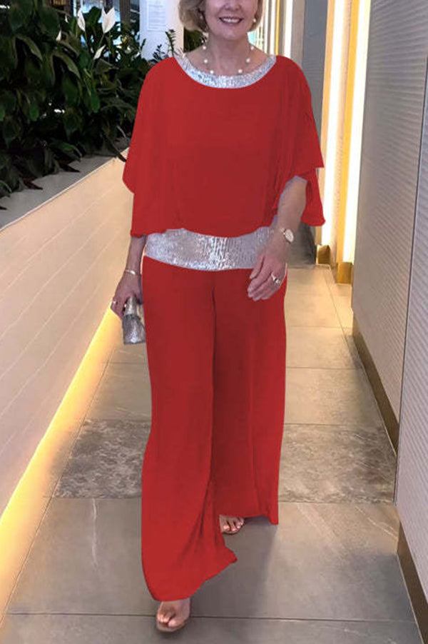 Trendy Sequin Patchwork Dolman Sleeve Blouse & Stretchy Waist Wide Leg Pants Set for Women | Party Outfit, Club Wear, Evening Attire, Special Occasion Fashion