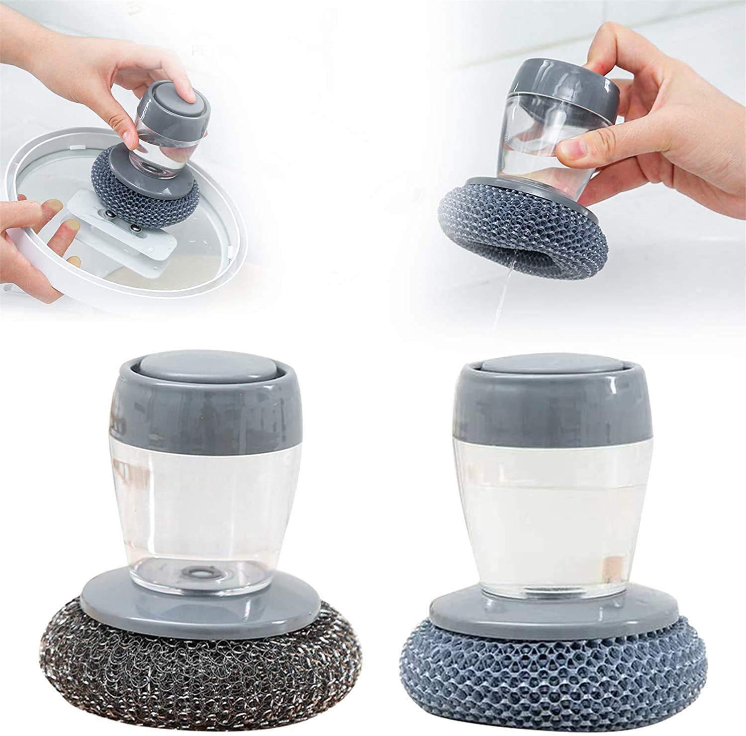 2-in-1 Soap Dispensing Palm Brush - Multifunctional Kitchen Cleaning Brush with Handle for Dishes, Pots & Pans (Set of 2) - Perfect for Washing Dishes, Scrubbing Vegetables & Household Cleaning