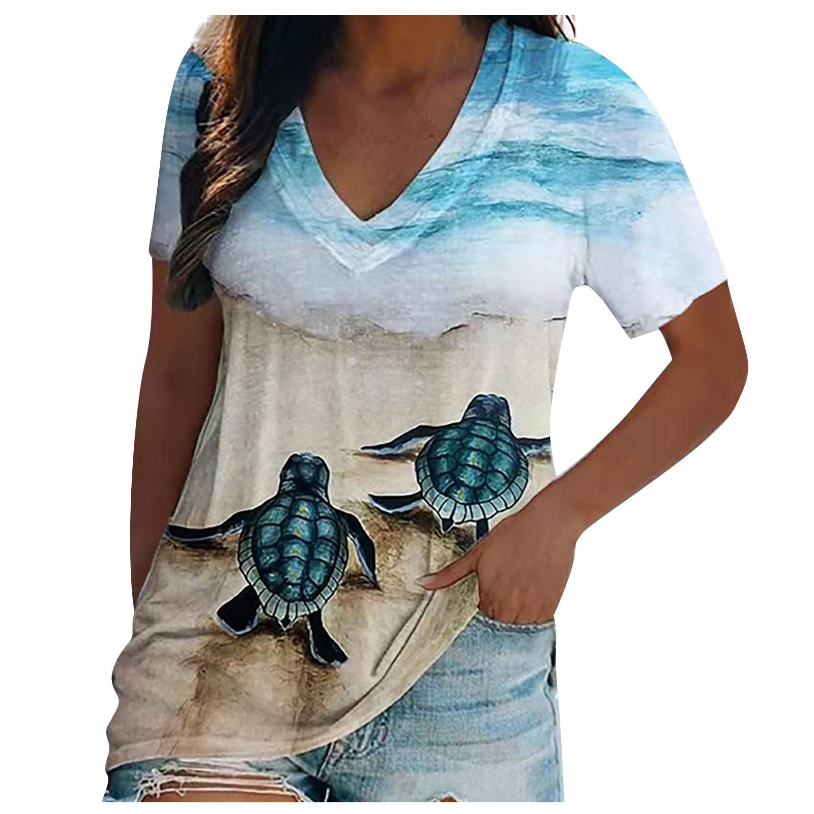 Women's Fashion Graphic Print Short Sleeve V-Neck Blouse - Casual Work & Travel Tops for Summer 2023 - Light Blue | Perfect for Office Wear, Weekend Outings & Vacation Outfits