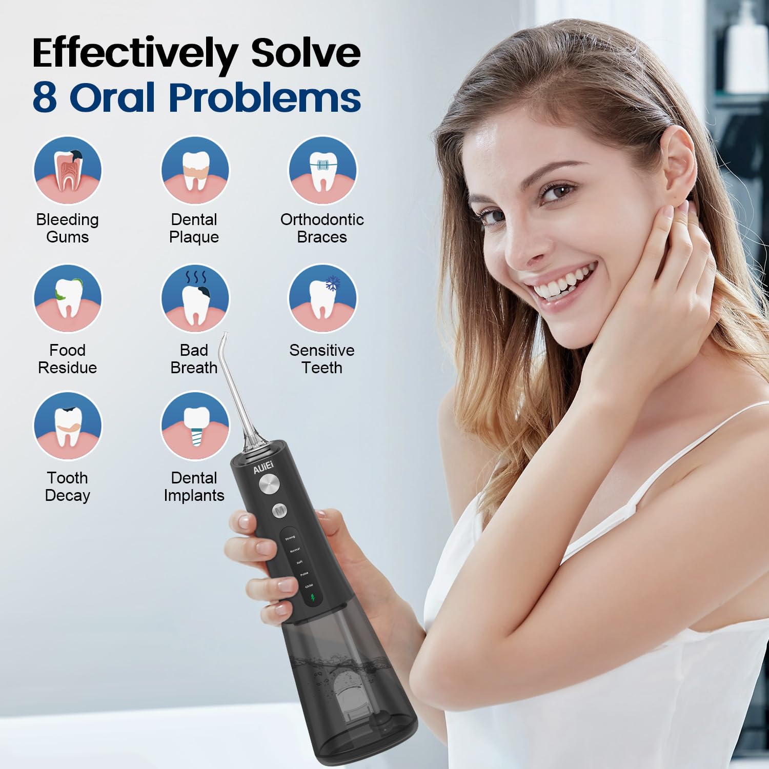 AUIEI Cordless Water Flosser for Teeth - Professional Oral Irrigator with 5 Cleaning Modes, 4 Jet Tips & 300ML Tank | USB-C Rechargeable Portable Teeth Cleaner | Perfect for Home Use & Travel (Black) | Ideal for Braces, Gum Care & Dental Hygiene