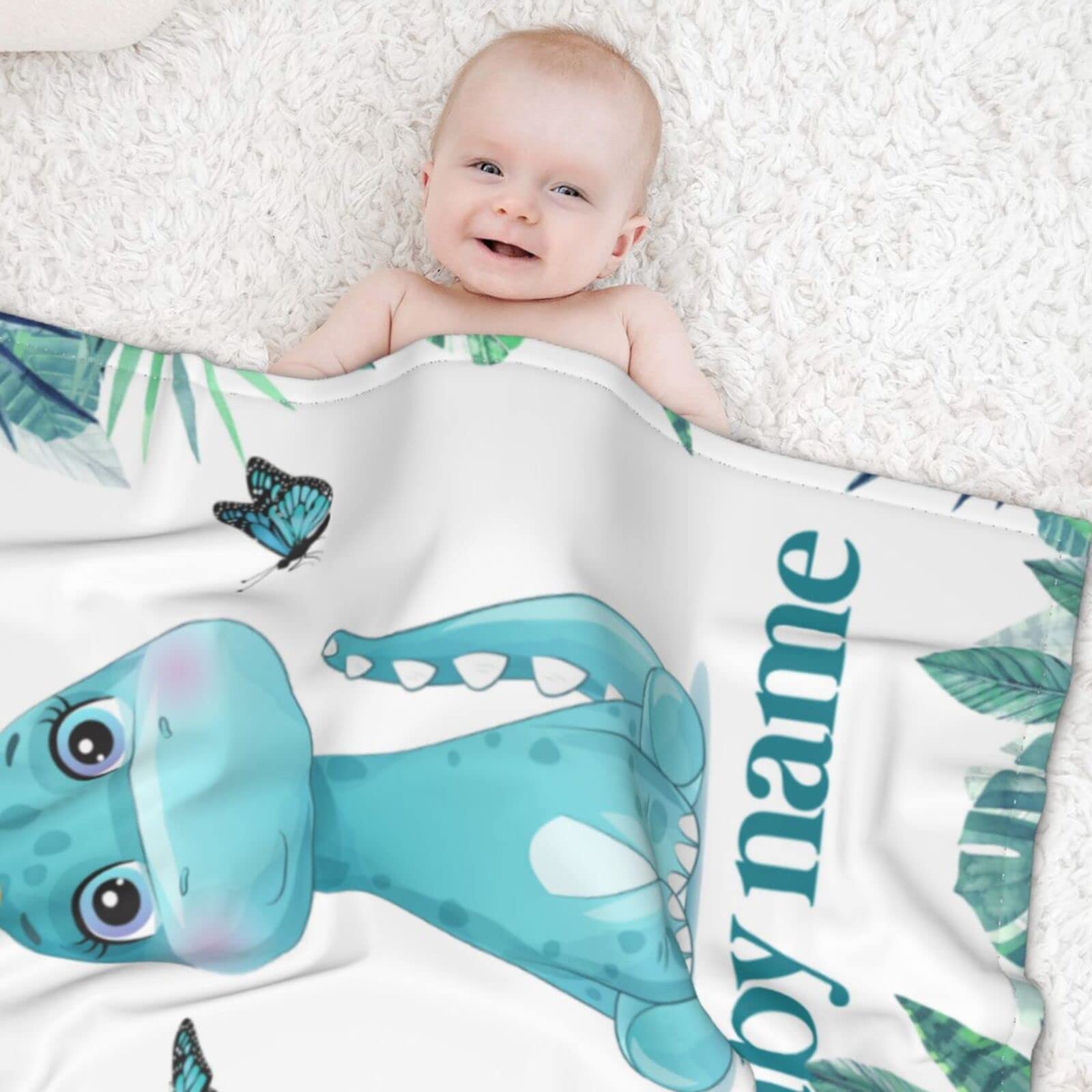 Personalized Baby Dinosaur Floral Blanket - Custom Name Receiving Swaddle Blanket for Boys | Soft Nursery Blanket for Newborn Gifts, Baby Showers & Security Comfort