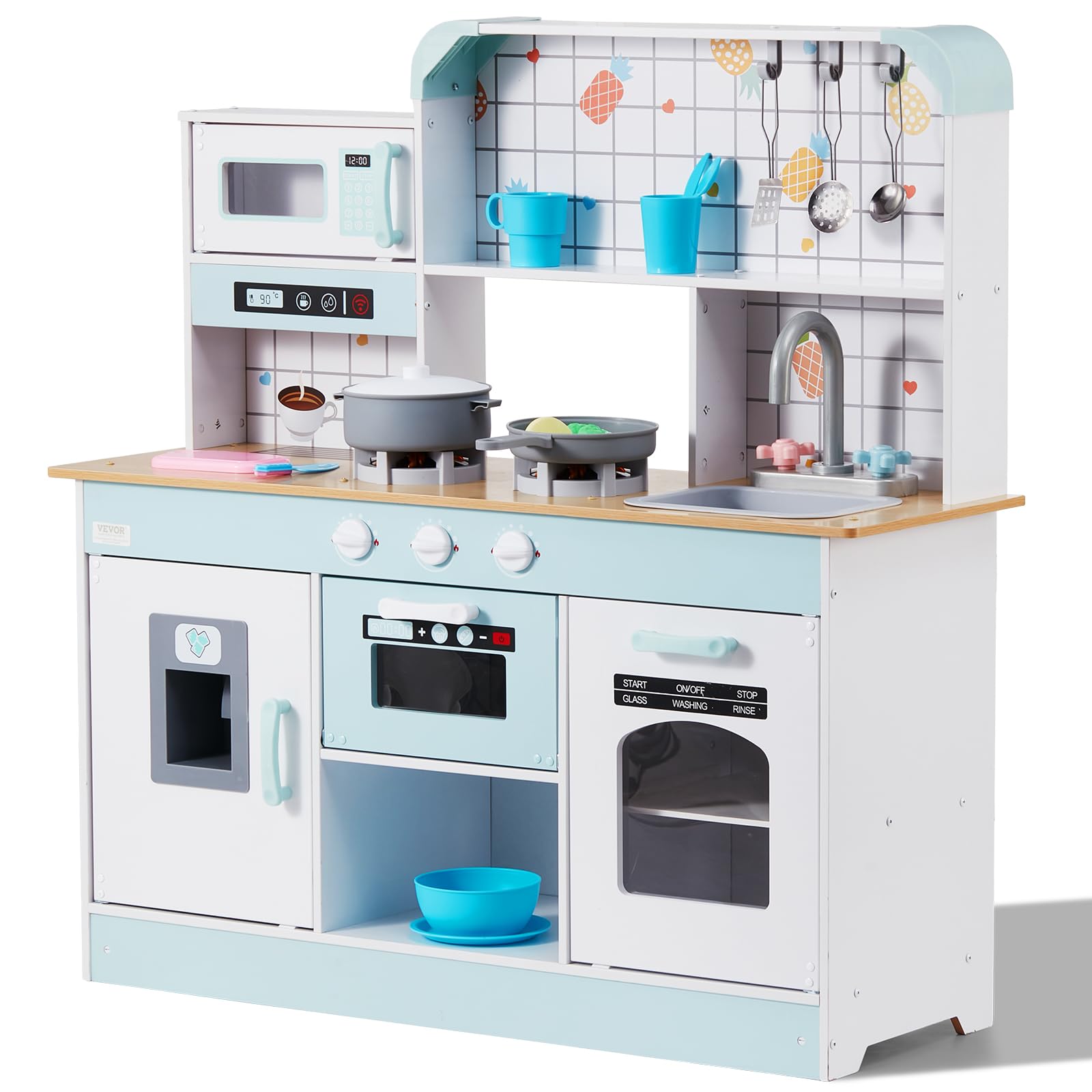 VEVOR Wooden Play Kitchen Set for Kids Ages 3-8 - Interactive Toy Kitchen with Realistic Lights, Sounds, Ice Maker, Oven, Sink, Microwave & Fridge - Includes Cooking Utensils & Fruit Accessories - Perfect for Pretend Play, Role Playing & Early Learning (White)