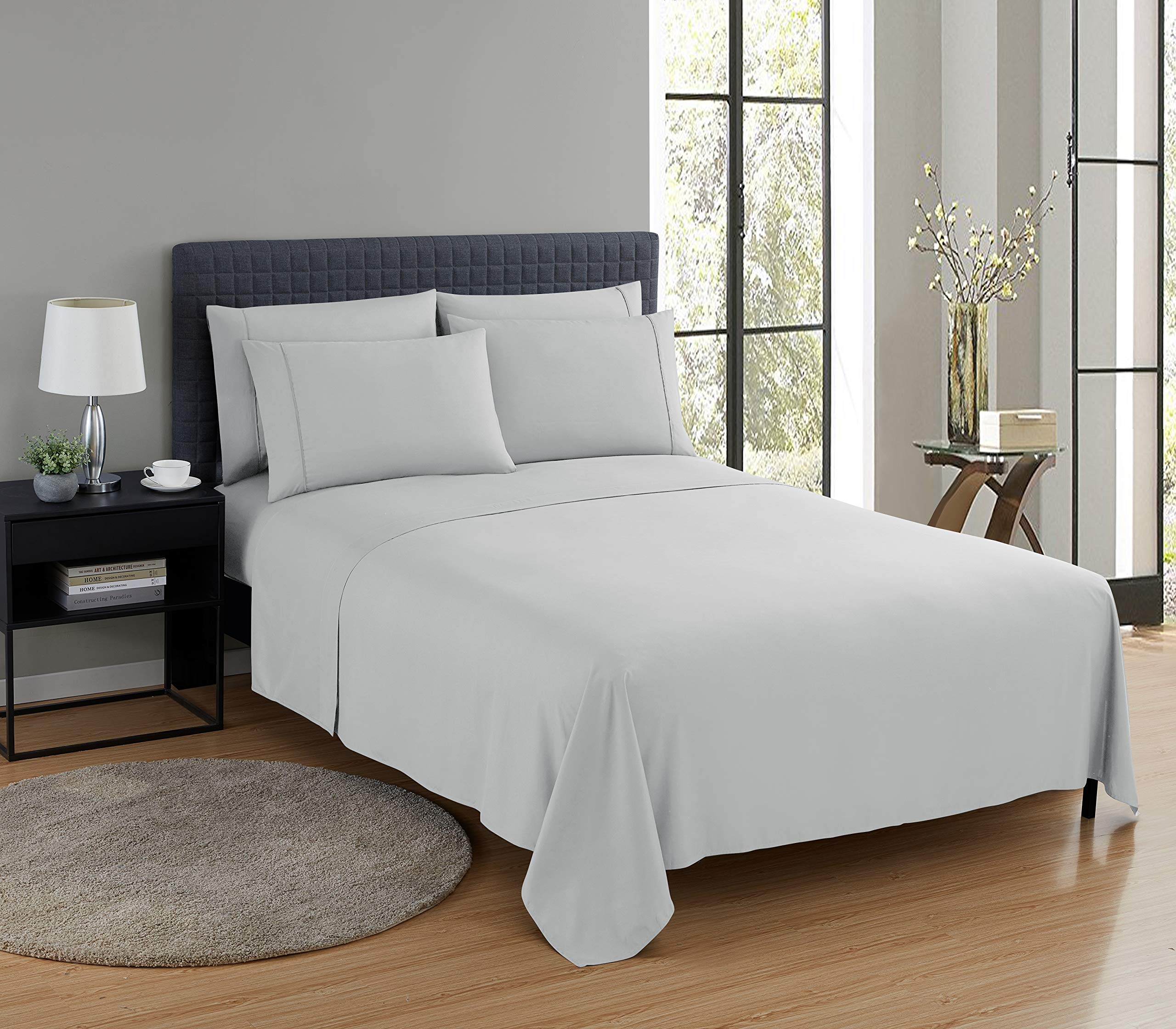 Premium 4-Piece Microfiber Bed Sheet Set - Queen Size Soft Fitted & Flat Sheets with 2 Pillowcases - Silver Luxury Bedding for Home, Hotel, or Guest Room Comfort