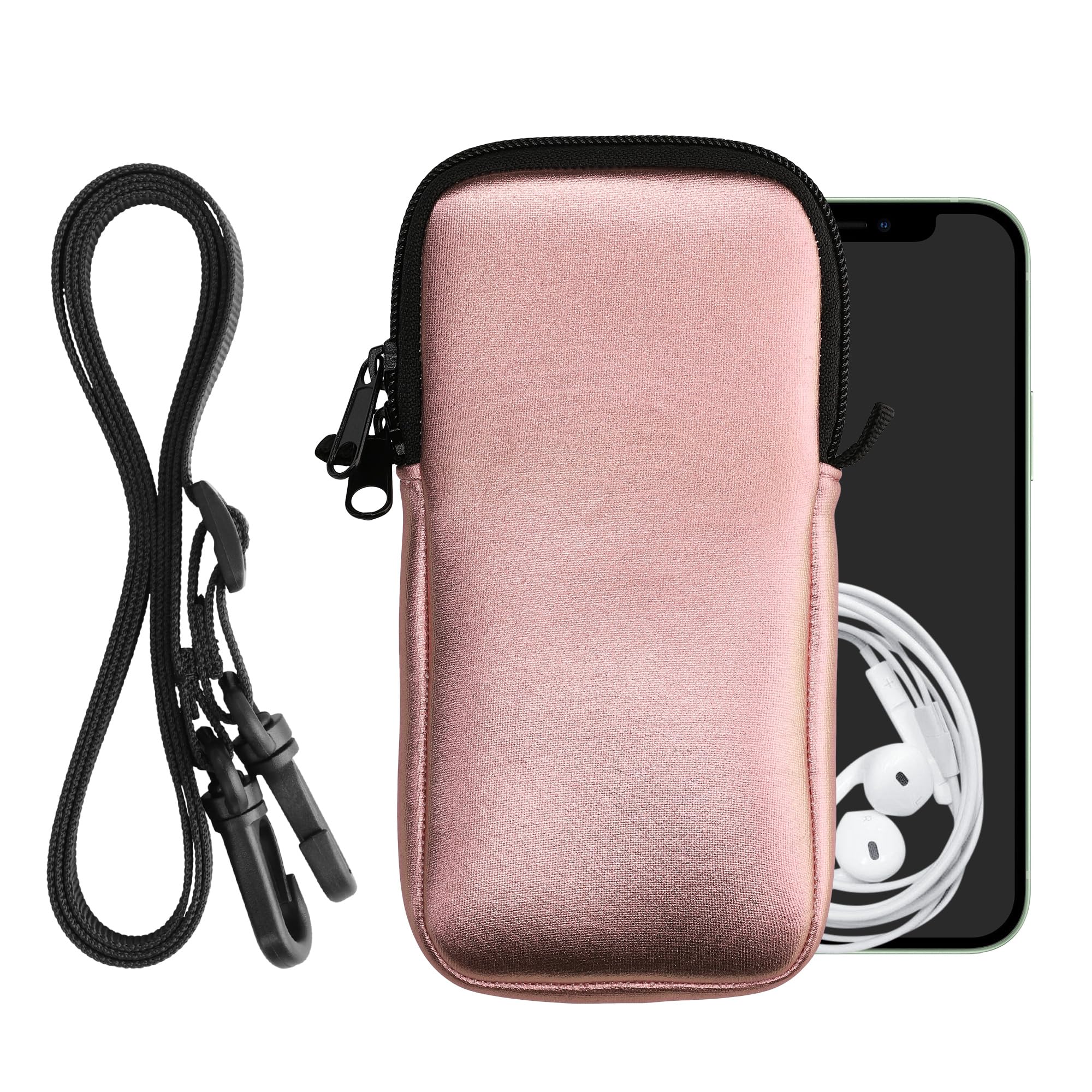 kwmobile Neoprene Phone Pouch XL for iPhone 15 Pro Max/Samsung Galaxy S23 Ultra (6.7-6.8 Inch) - Waterproof Universal Cell Phone Case with Adjustable Neck Strap & Secure Zipper - Metallic Rose Gold - Perfect for Running, Travel & Outdoor Activities