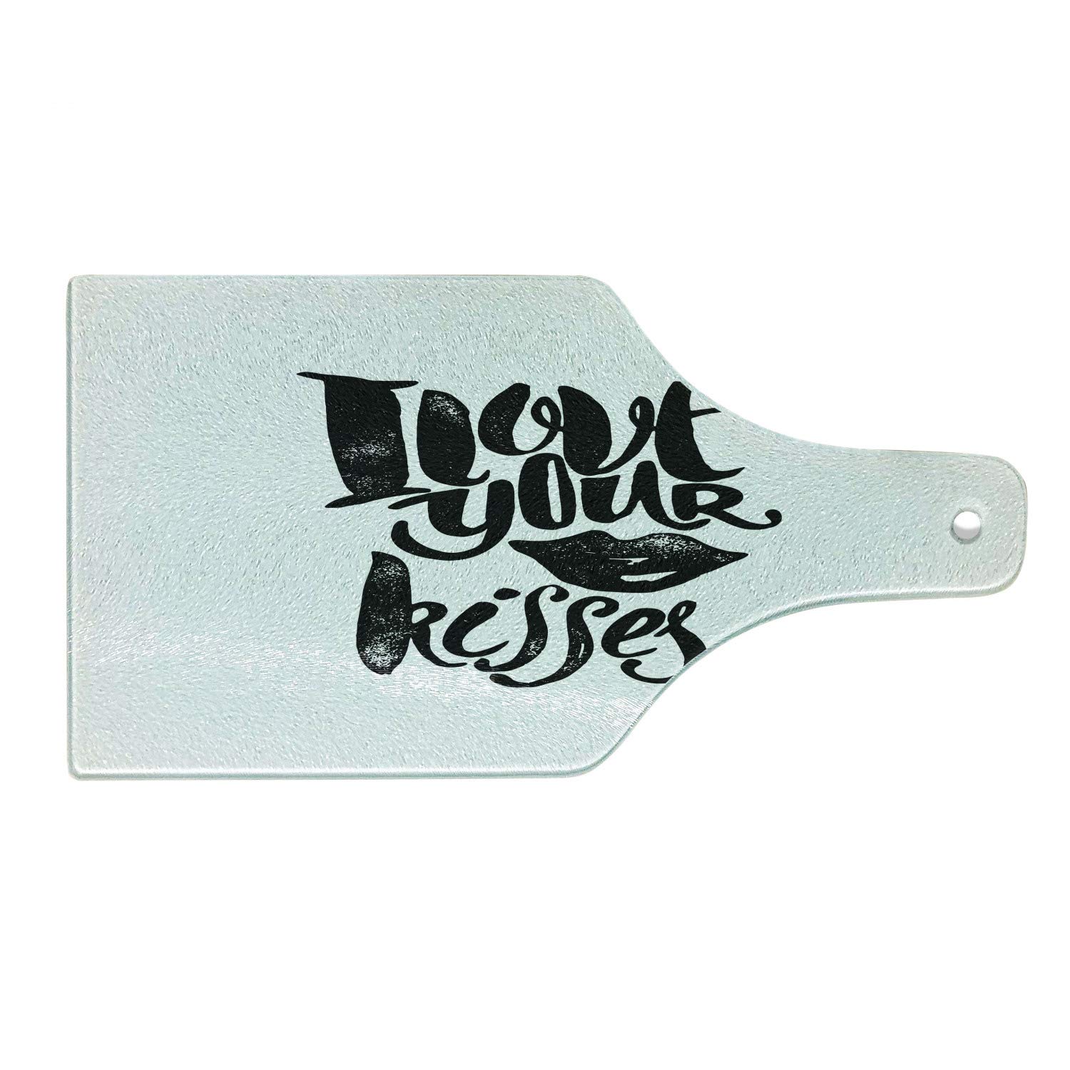 Ambesonne Romantic Wine Bottle Shaped Cutting Board - 'I Love Your Kisses' Grungy Phrase with Smiling Woman & Black Lipstick Mark - Tempered Glass Serving Board for Kitchen & Entertaining - Perfect for Cheese, Charcuterie & Wine Pairing (Black & White Design)