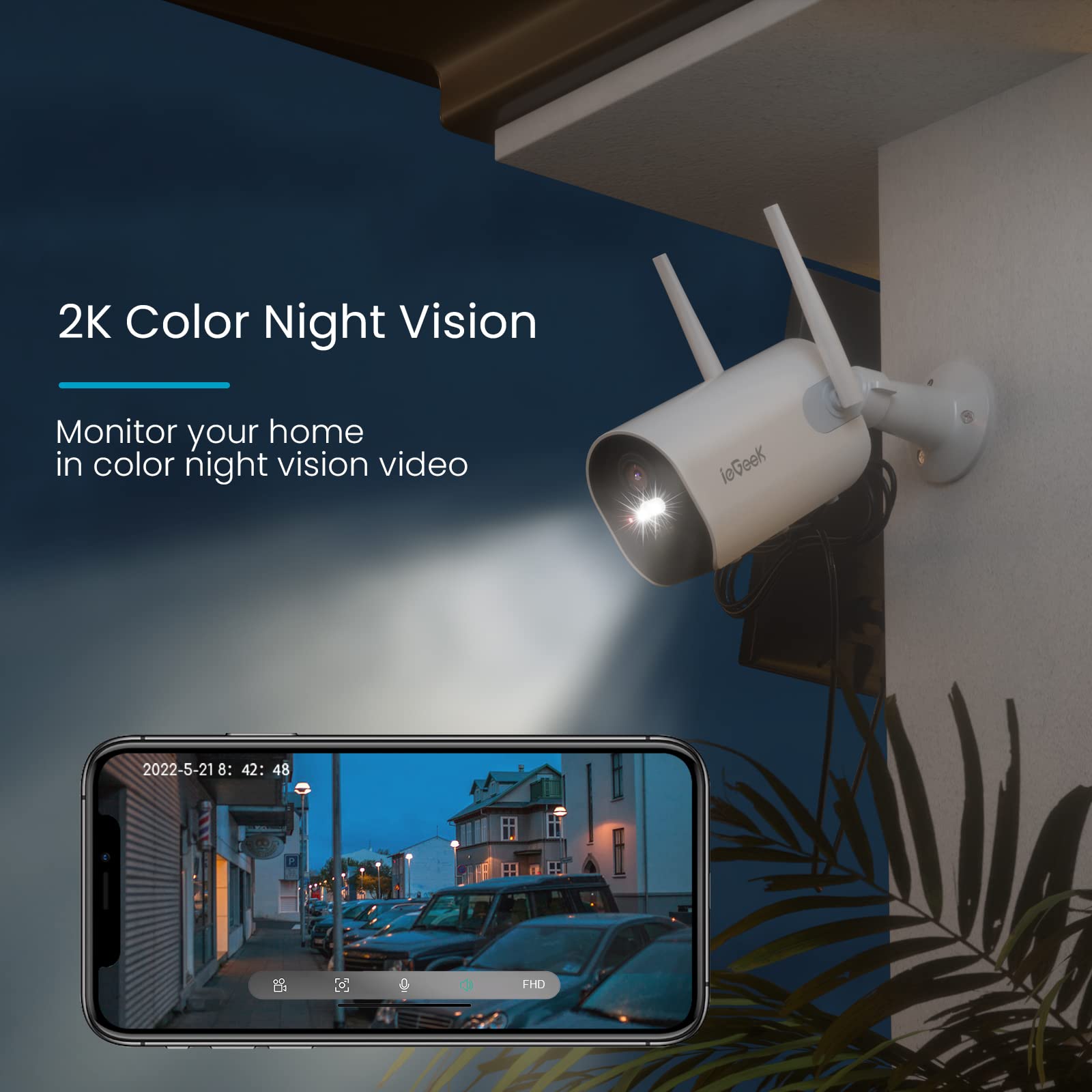 ieGeek 2K Solar-Powered Wireless Outdoor Security Camera with Color Night Vision, WiFi CCTV System, Motion Detection, Floodlight Alarm & 2-Way Audio - Ideal for Home Security, Backyard Monitoring & Business Surveillance