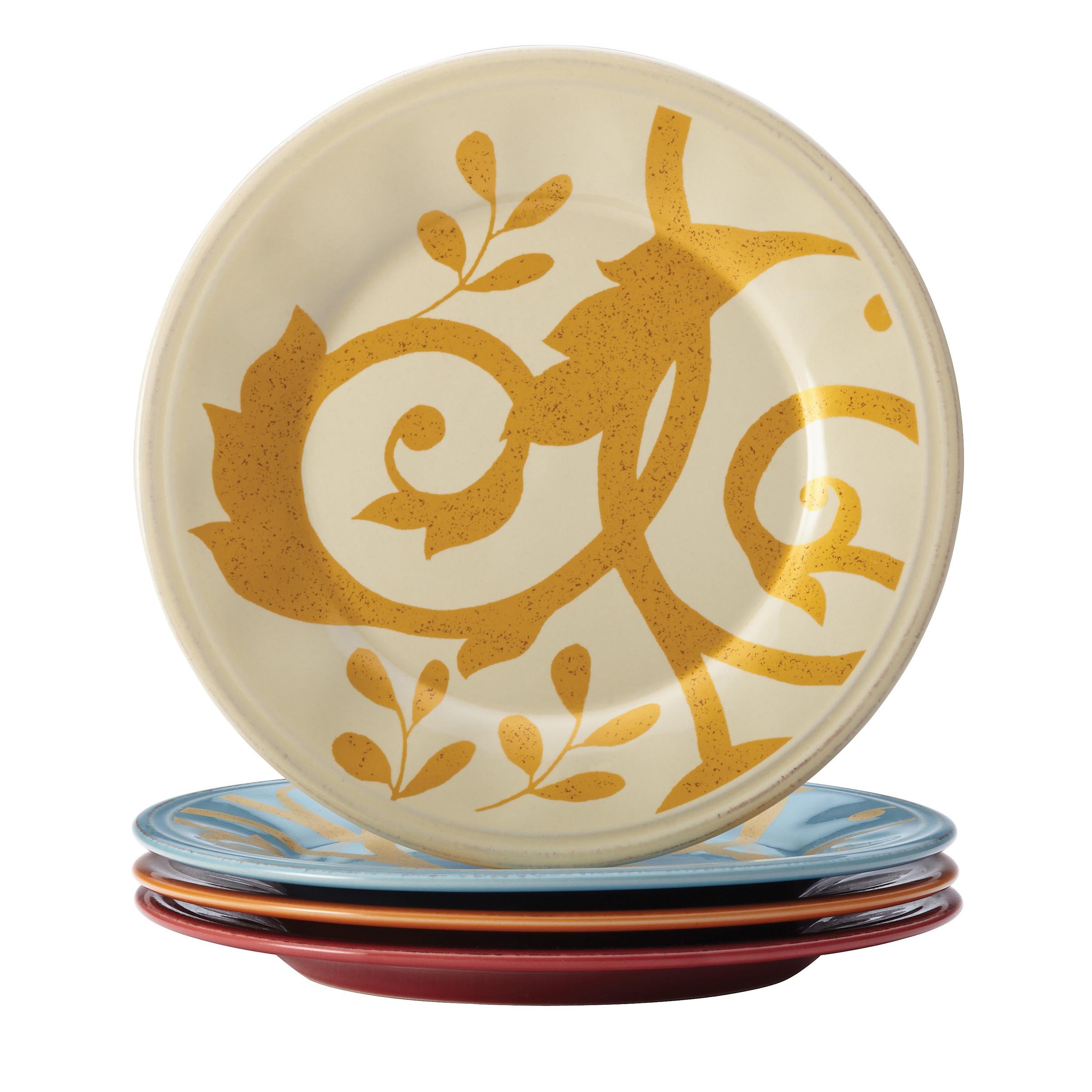Rachael Ray Gold Scroll 4-Piece Round Appetizer Plate Set - Elegant Dinnerware for Parties, Appetizers & Entertaining - Perfect for Cocktail Parties, Weddings & Holiday Gatherings