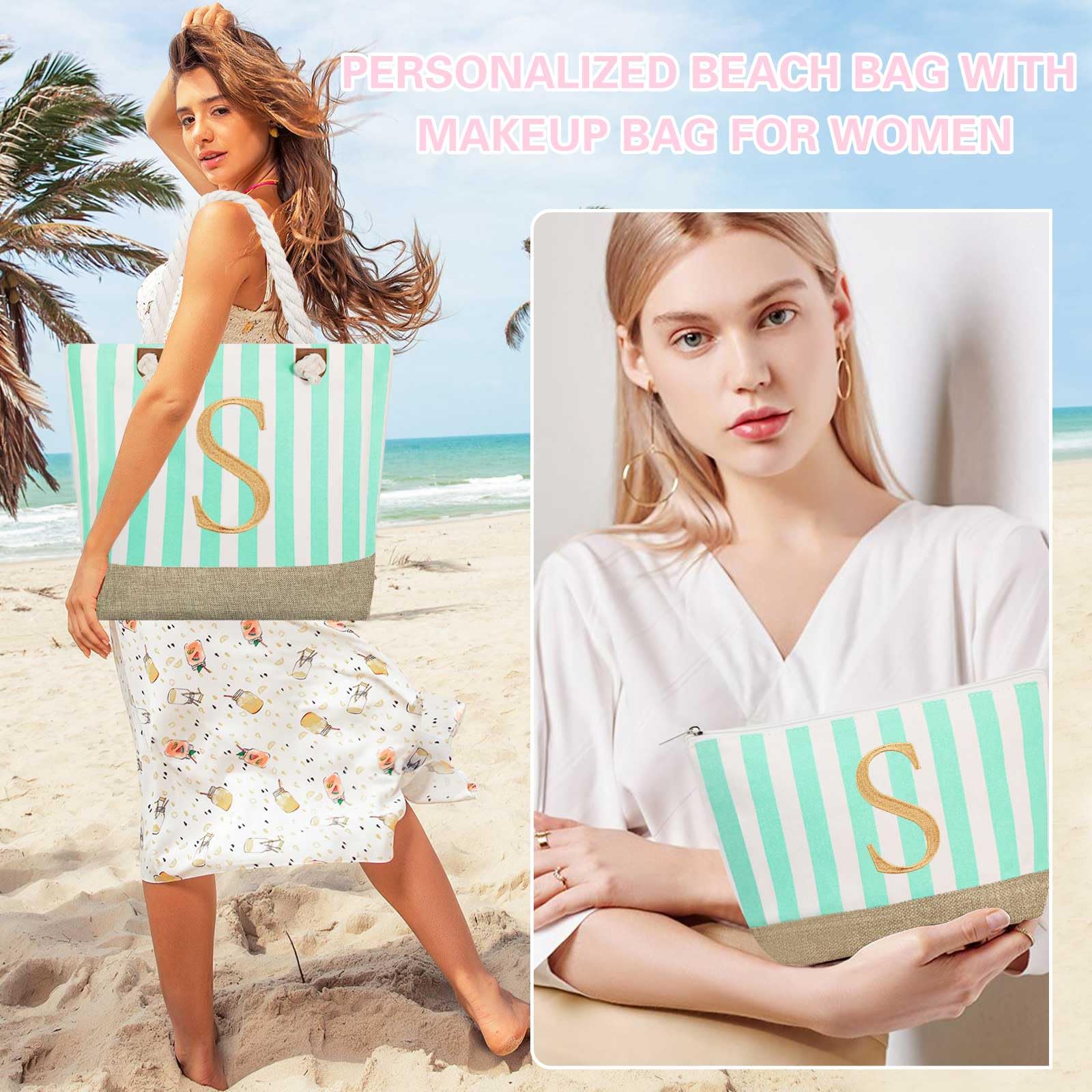 Personalized Initial Beach Tote Bag for Women - Large Zippered Makeup & Travel Tote - Perfect Gift for Bride, Mom, Wife, Teacher, Sister - Great for Beach Trips, Weddings & Daily Use