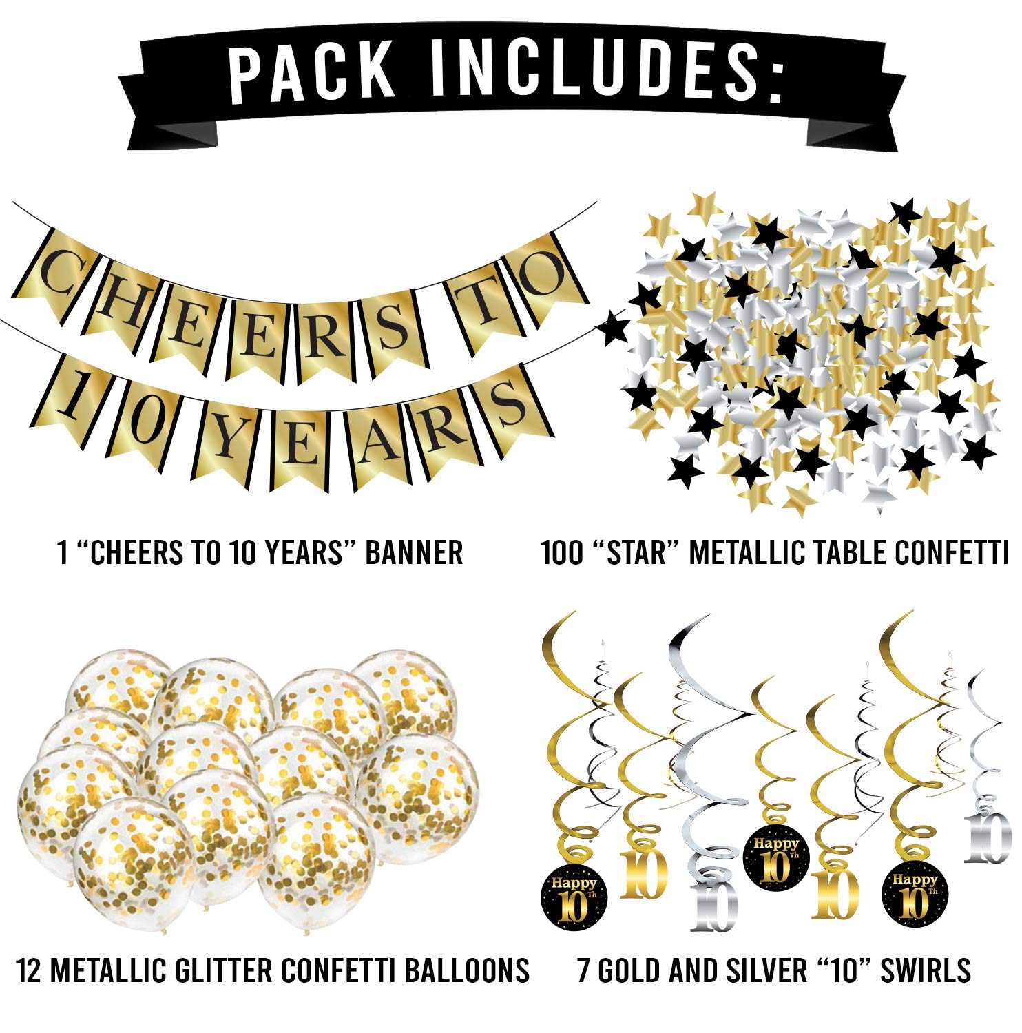 10th Birthday & Anniversary Party Decorations Kit - Cheers to 10 Years Banner, Balloons, Swirls & Confetti Supplies | Perfect for Milestone Celebrations, Decade Parties & Special Events