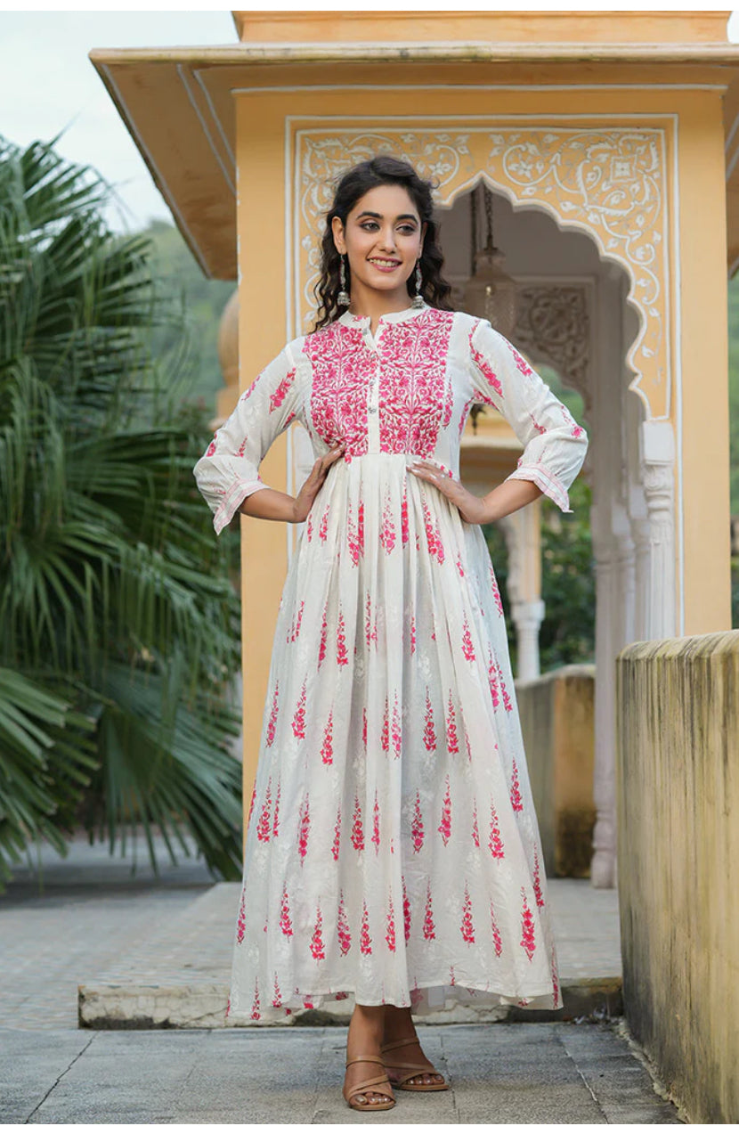 Stylish Off White Cotton Anarkali Kurti for Women - Elegant Indian Ethnic Wear for Festivals, Weddings & Special Occasions