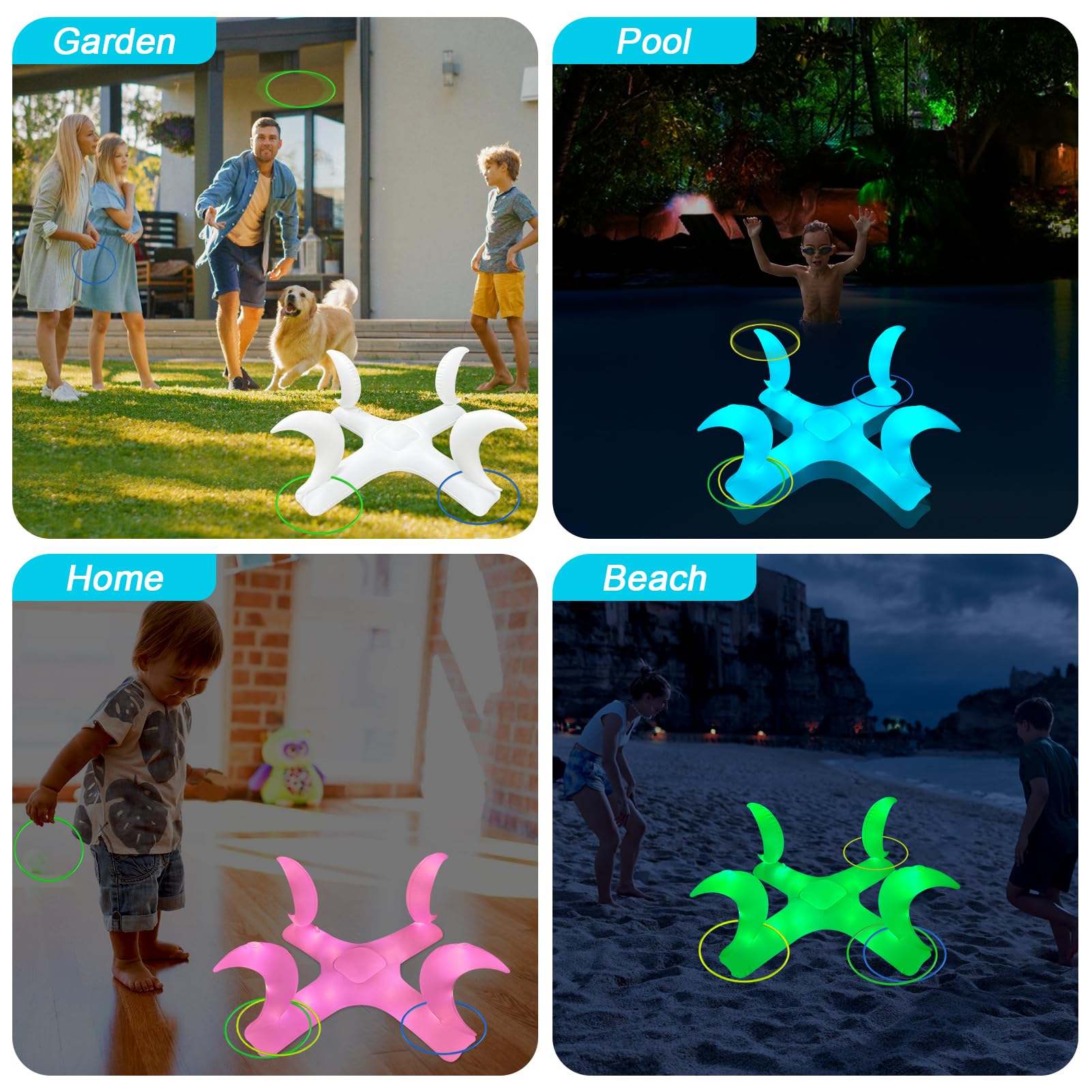 **Solar-Powered Moon Inflatable Pool Ring Toss Game with Colorful LED Lights – 6 Rings Included – Fun Water Toys for Kids, Toddlers & Adults – Perfect for Pool Parties, Summer Fun & Backyard Games**
