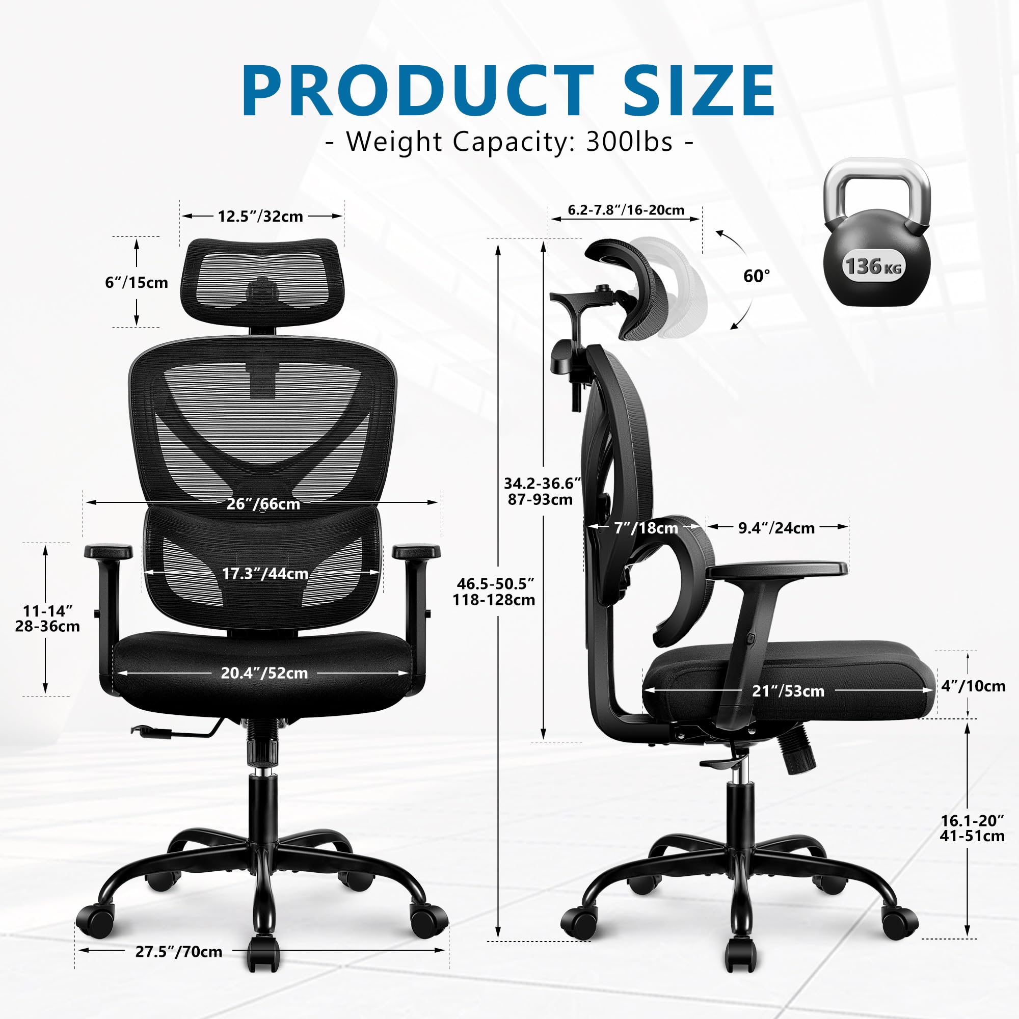 Winrise Ergonomic Office Chair - High Back Mesh Computer Desk Chair with Lumbar Support & Adjustable Armrests, Big and Tall Comfortable Gaming Chair for Home Office (Black) - Perfect for Long Work Hours, Gaming Sessions & Remote Work Setup