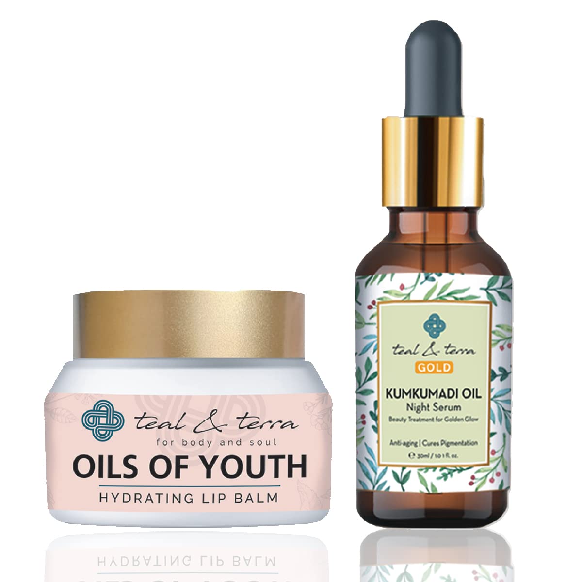 Teal & Terra Skincare Combo Pack: Kumkumadi Oil Tailam (30ml) & Hydrating Lip Balm (30g) | Night Serum for Skin Brightening & Glowing Complexion | Reduces Pigmentation & Moisturizes Dry Lips | Perfect for Nighttime Skincare Routine & Daily Lip Care