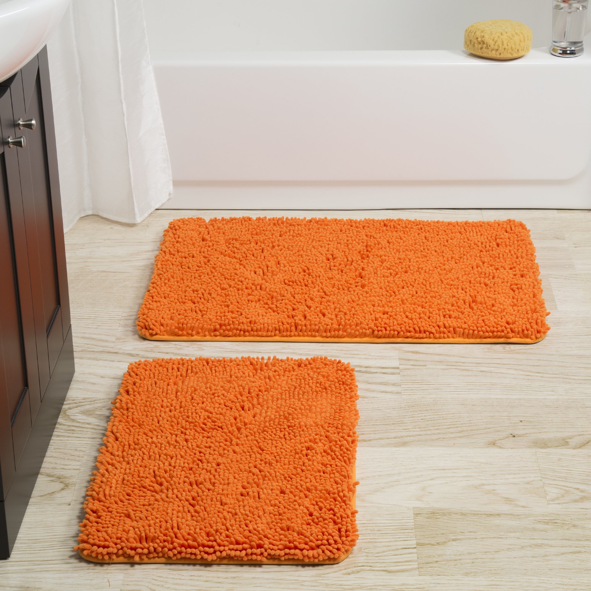 Luxury 2-Piece Memory Foam Shag Bath Mat Set - Soft & Absorbent Orange Bathroom Rug - Perfect for Master Bath, Guest Bath & Spa Retreats