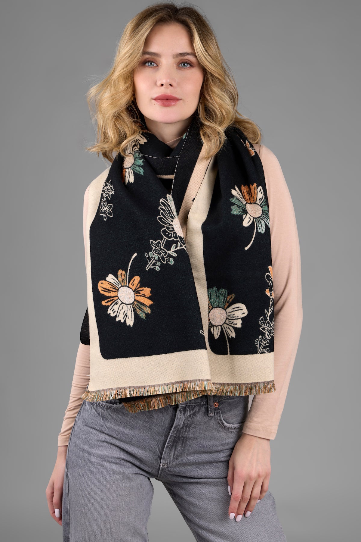 Floral Daisy Reversible Scarf - Lightweight Womens Fashion Accessory for Spring & Summer Outfits - Perfect for Office, Travel and Casual Wear