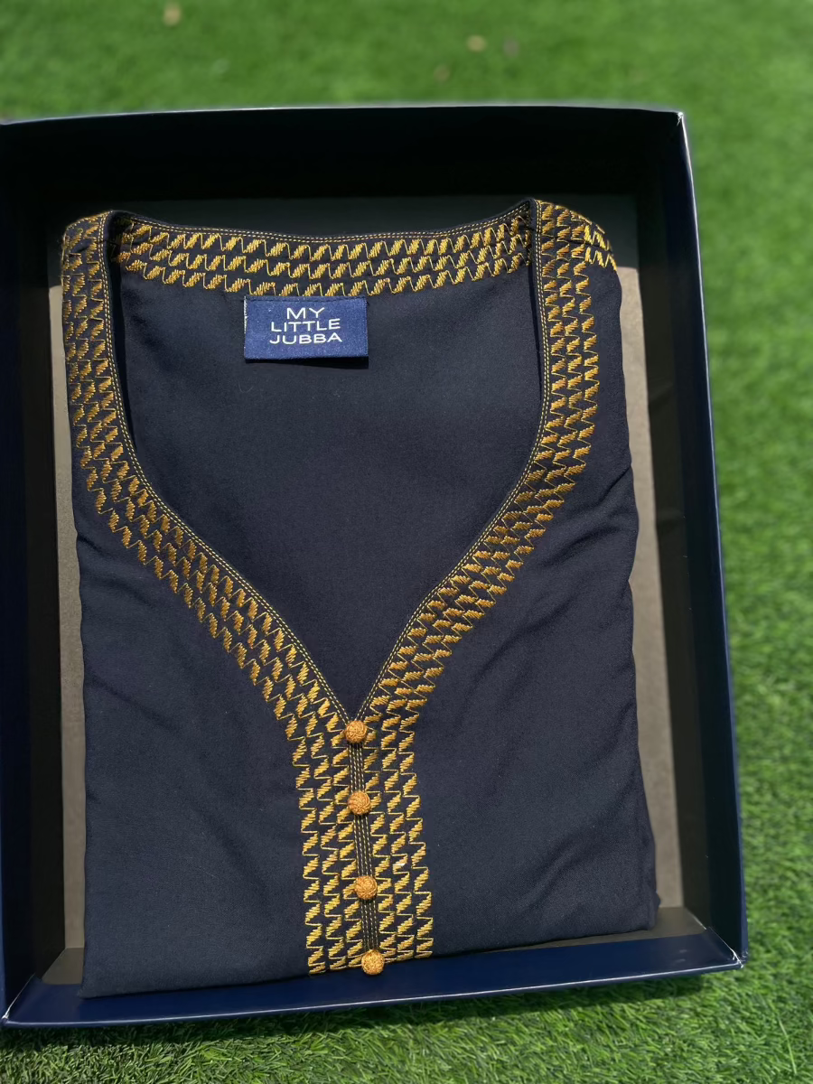 Men's Navy Blue Thobe with Mustard Embroidery - 3/4 Sleeve Traditional Islamic Robe for Prayer, Eid & Special Occasions