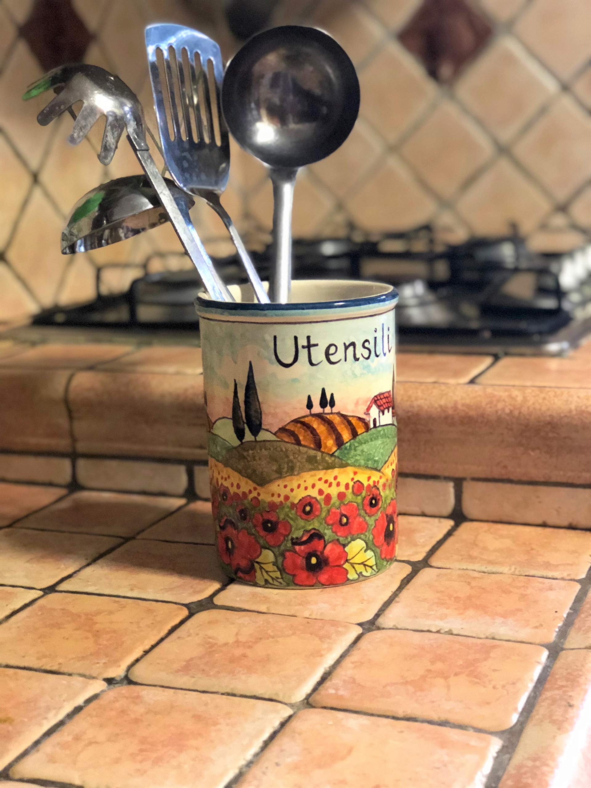 Italian Ceramic Utensil Holder - Hand Painted Tuscan Landscape with Poppies - Art Pottery Made in Italy | Perfect for Kitchen Organization & Rustic Home Decor