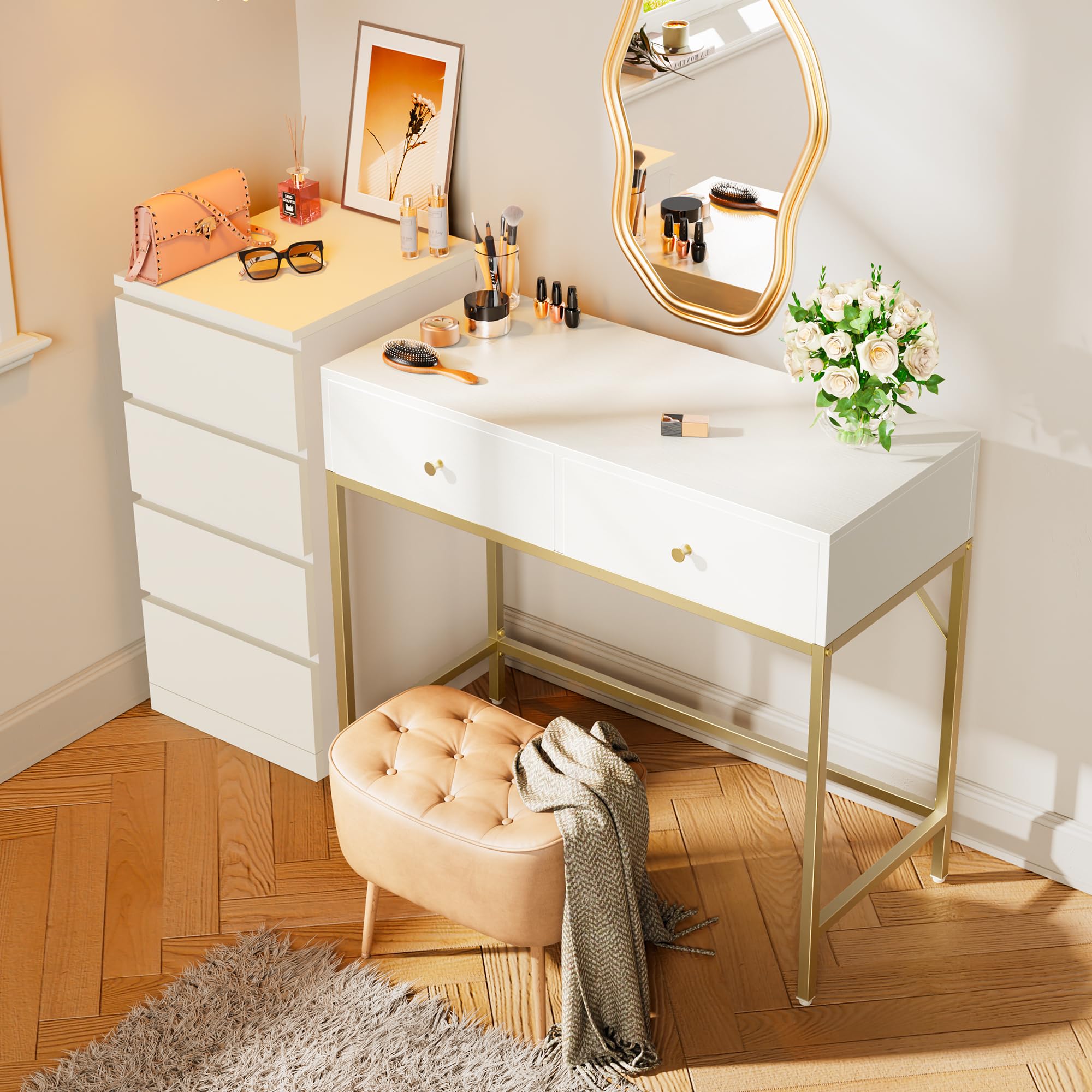 SUPERJARE 39.4 Inch White and Gold Modern Vanity Desk with 2 Drawers - Small Computer Desk for Home Office, Writing, Study | Perfect for Bedroom, Makeup Station & Workspace