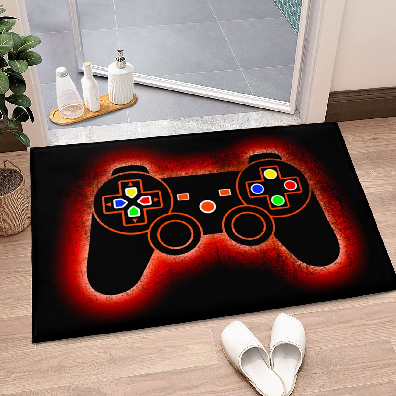 Gamer Area Rug - 4'x5' Large Gaming Printed Floor Mat with Black Gamepad Design for Living Room, Bedroom & Game Room - Modern Red Polyester Rug for Boys & Game Players - Perfect for Sofa, Home Decor & Gaming Setup