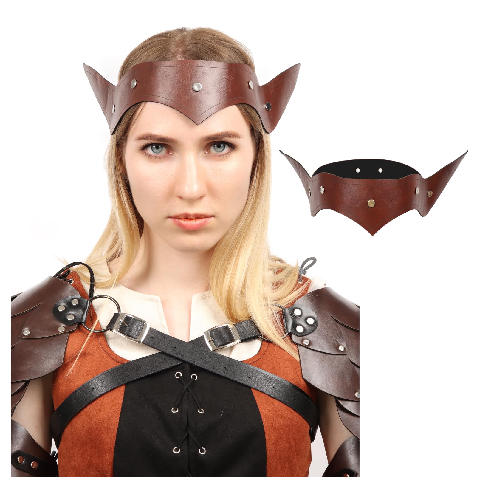FURPHI Medieval PU Leather Headband - Vintage Unisex Adjustable Fantasy Costume Headpiece with Rivet (Brown) for Renaissance Fairs, LARP, Cosplay & Halloween Costumes