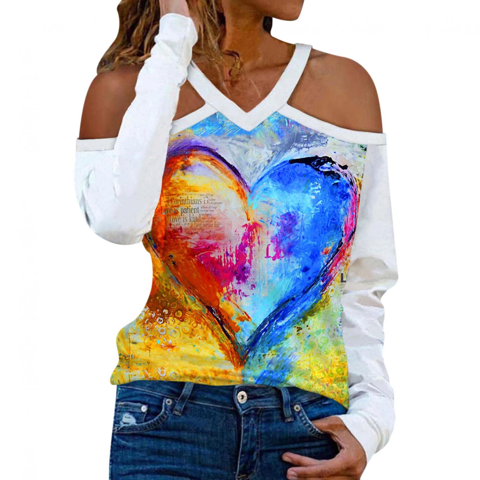 Women's Sexy Halter Strapless V-Neck Long Sleeve Top - Valentine's Day Print for Work & Casual Wear | Perfect for Date Nights, Office Outfits & Party Looks