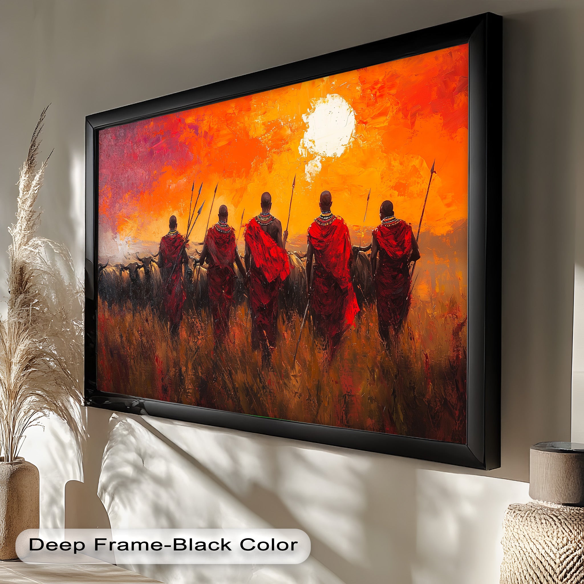 African Warrior Sunset Tribal Culture Oil Painting - Handmade Wall Art for Living Room, Bedroom & Office Decor