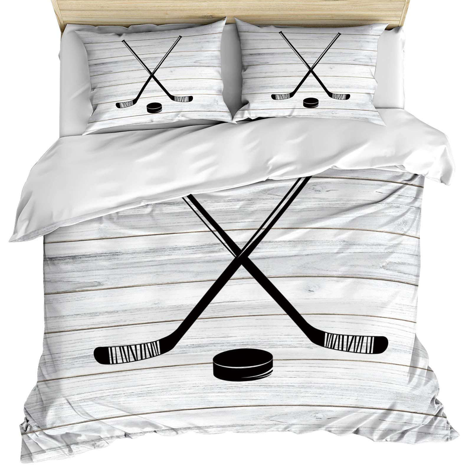 Premium Ice Hockey Themed Duvet Cover Set - Full Size 3-Piece Bedding (Duvet Cover + 2 Pillow Shams) | Soft Rustic Wood Print Cotton | Machine Washable | Perfect for Sports Fans' Bedroom Decor & Gift Ideas