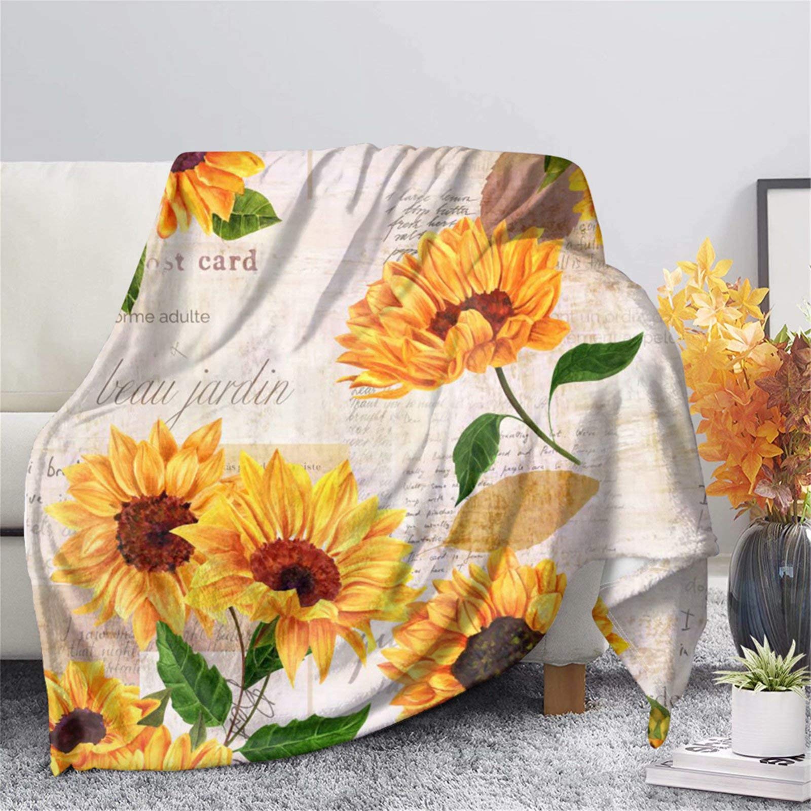 Vintage Sunflower Extra Soft Fleece Throw Blanket - Lightweight Cozy Fuzzy Plush Microfiber Blanket for Couch, Sofa, Bed, Travel & Camping - Perfect for Home Decor, Gifts and Outdoor Adventures