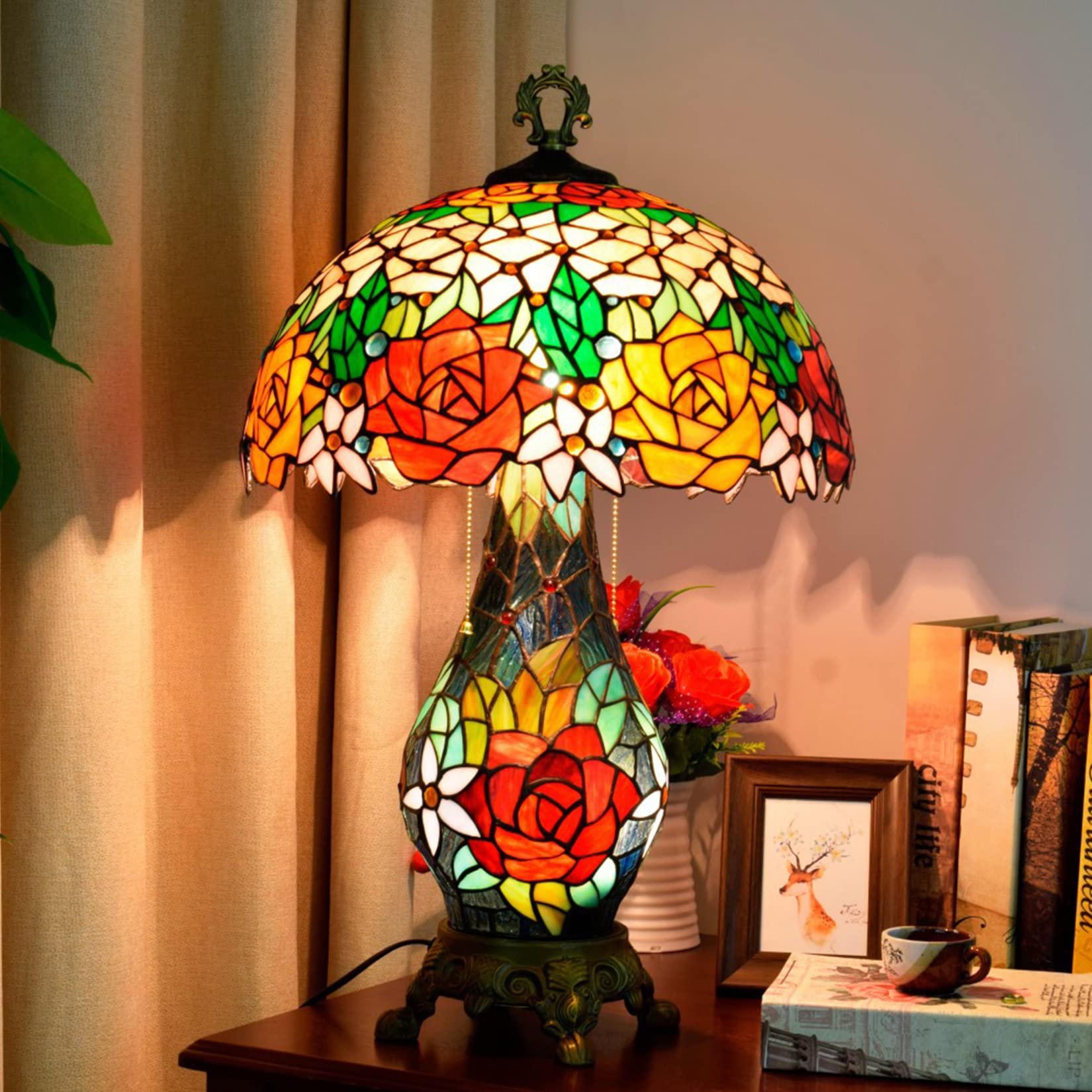 Tiffany Rose Blossom Stained Glass Table Lamp - 16