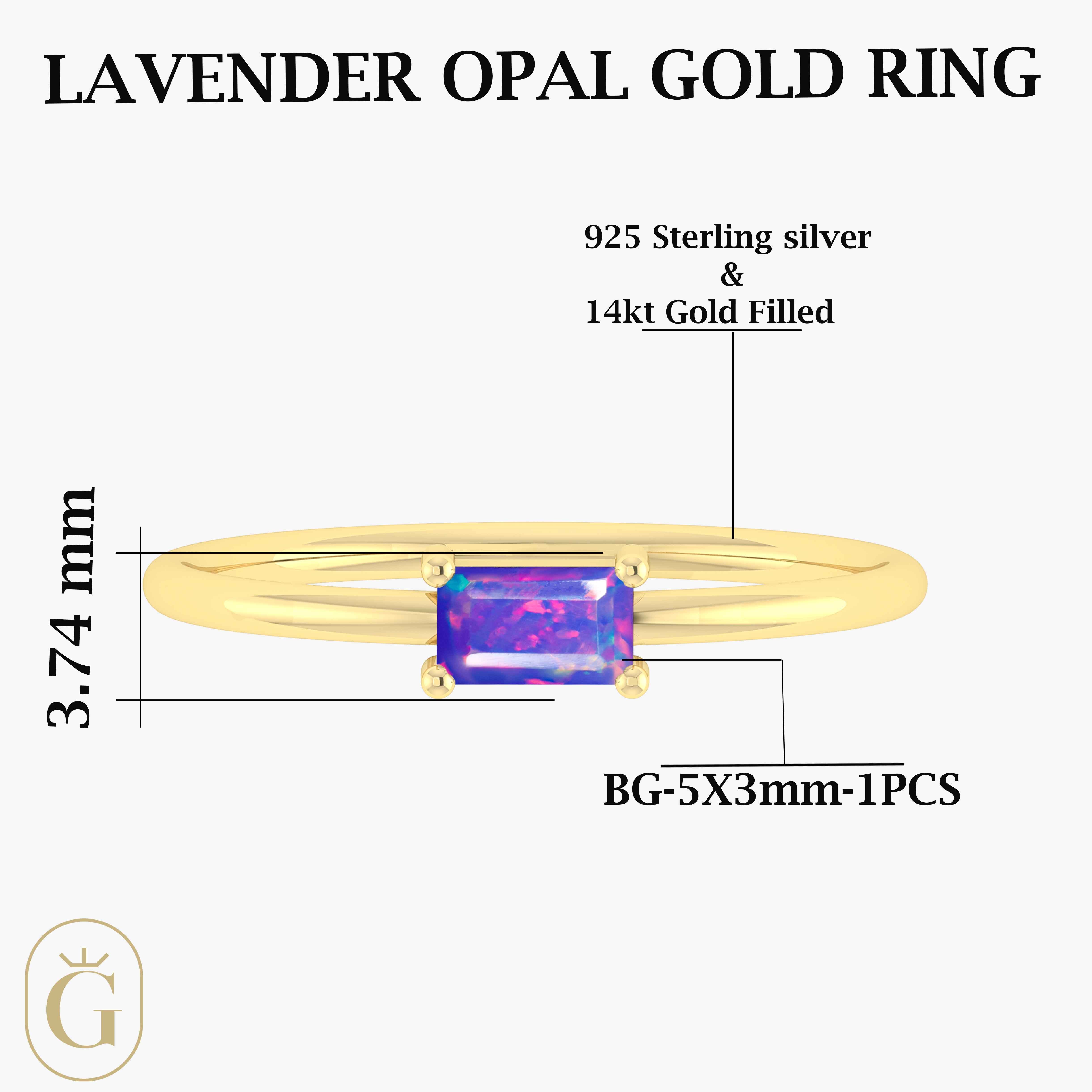 Lavender Fire Opal Baguette Gemstone Minimalist Ring – Dainty Stackable Jewelry for Women, Elegant Everyday Wear & Special Occasions