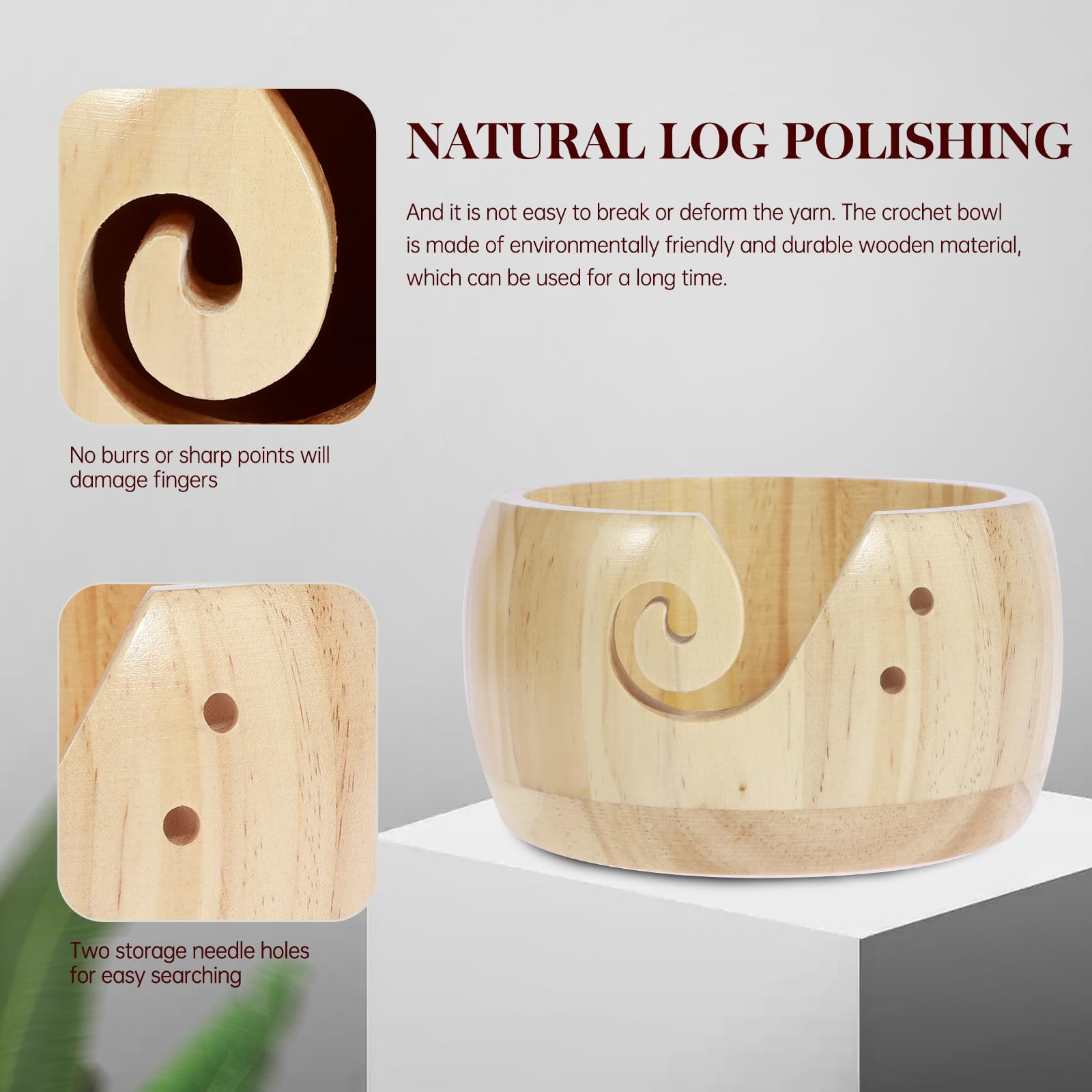 Premium Wooden Yarn Bowl for Knitting & Crocheting - Natural Pine Yarn Holder with Carved Holes, 5.9