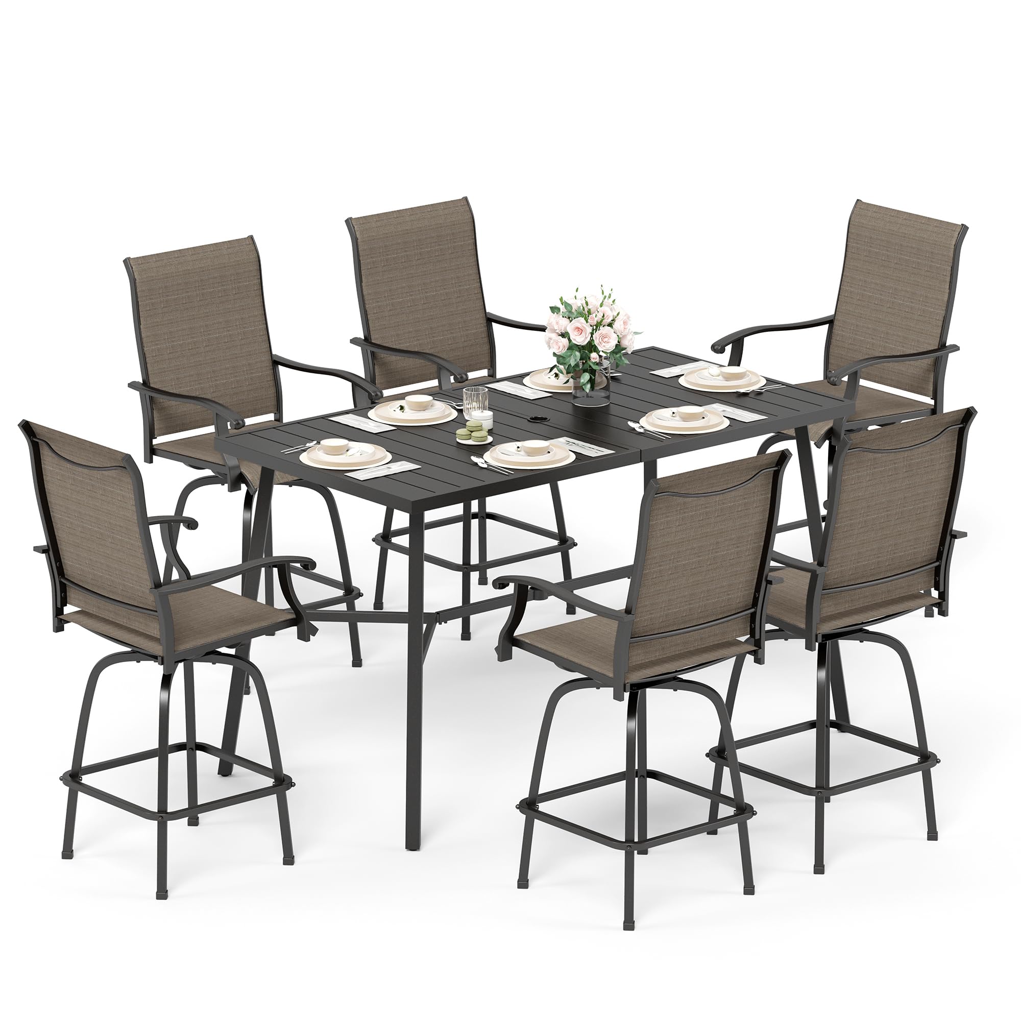 Sophia & William Outdoor Bar Set - 6 Swivel Bar Chairs & Rectangular Bar Table for Patio, Deck or Backyard | Brown Chairs & Black Table | Perfect for Entertaining, BBQs & Outdoor Dining