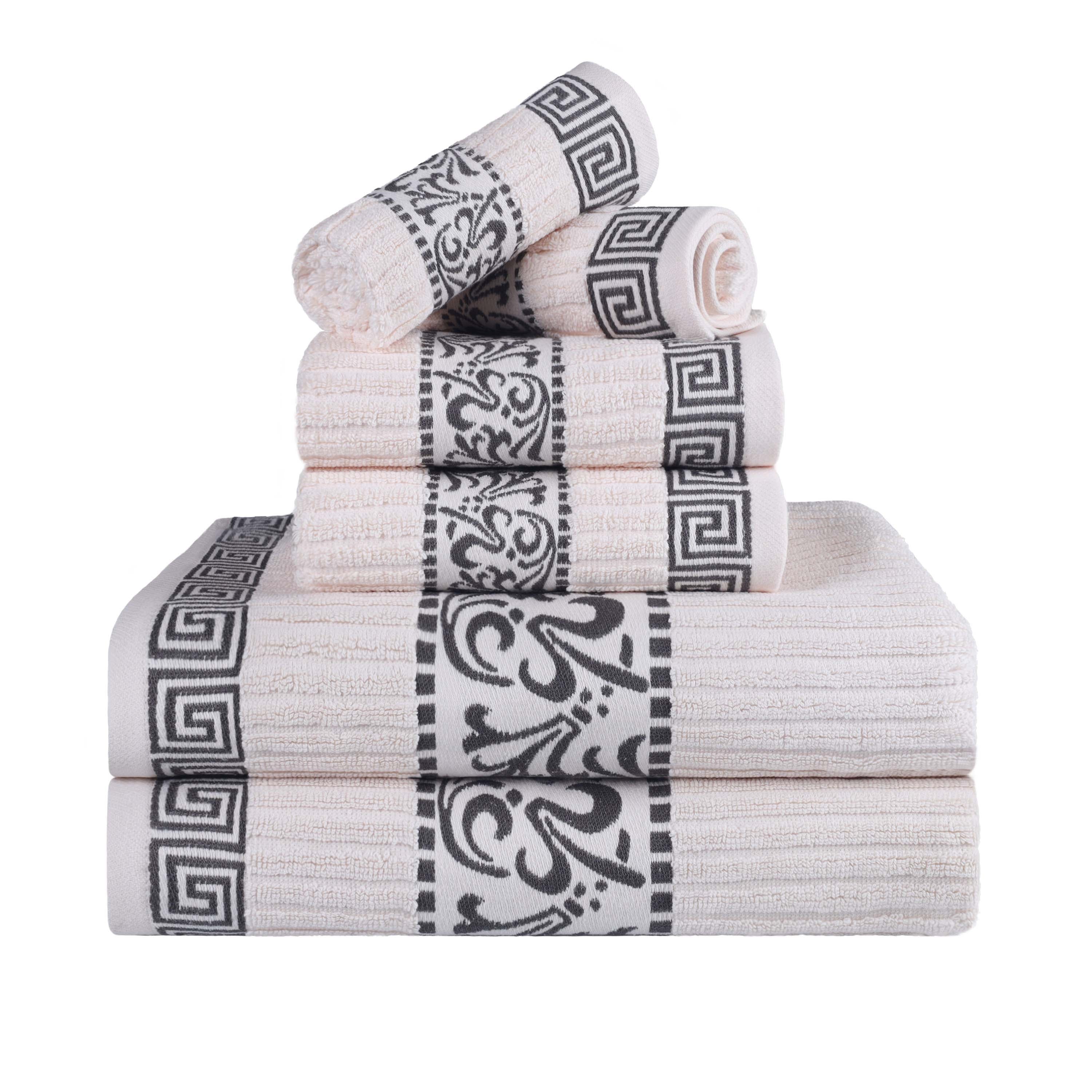Athens Cotton Greek Scroll and Floral 6-Piece Bath Towel Set - Soft & Absorbent for Bathroom, Spa, and Beach Use