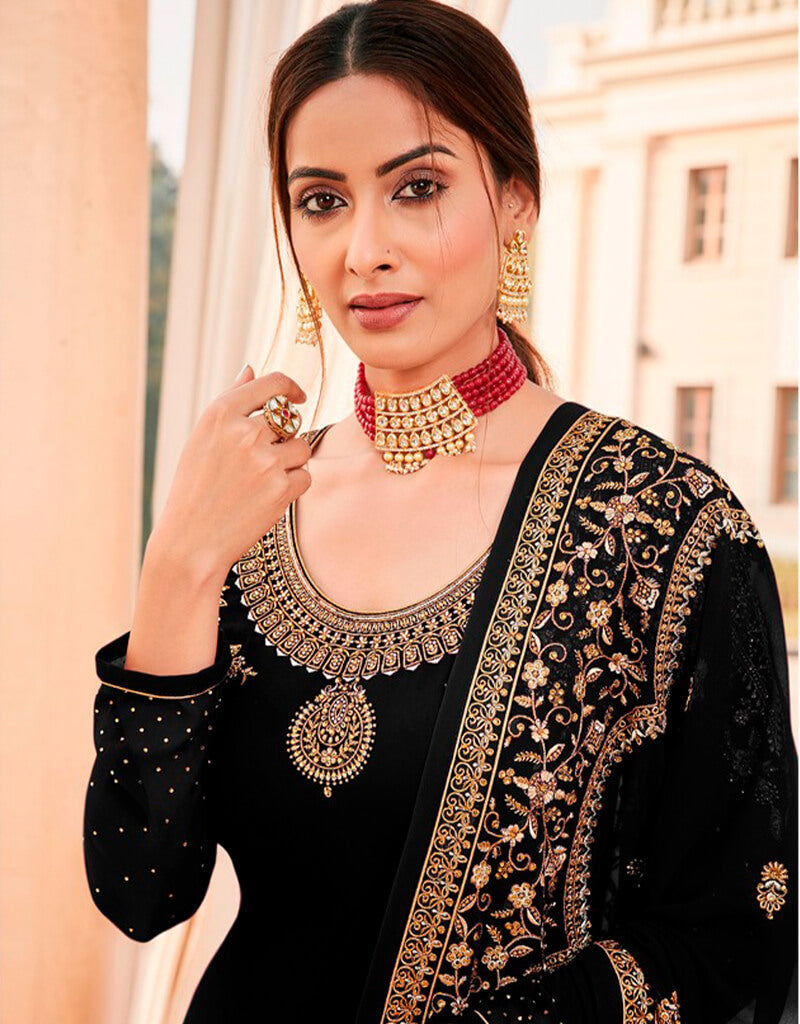 Elegant Black Chudidar Style Suit - Premium Georgette Fabric for Women's Ethnic Wear - Perfect for Weddings, Parties & Festive Occasions
