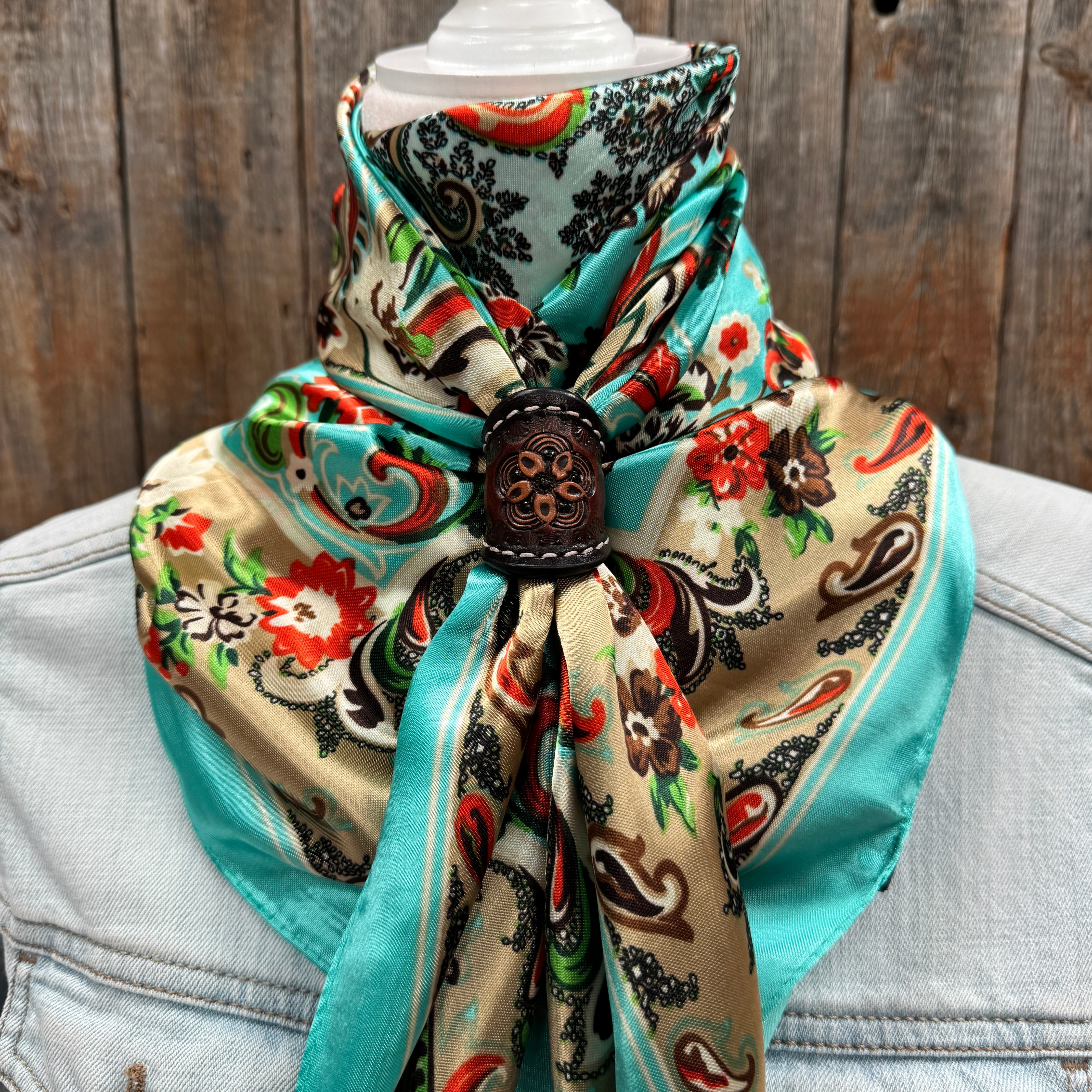 35X35 Turquoise Retro 70's Paisley Wild Scarf & Tooled Leather Slides - Western Cowboy Bandana for Horse Riding, Rodeo, and Country Fashion Accessories