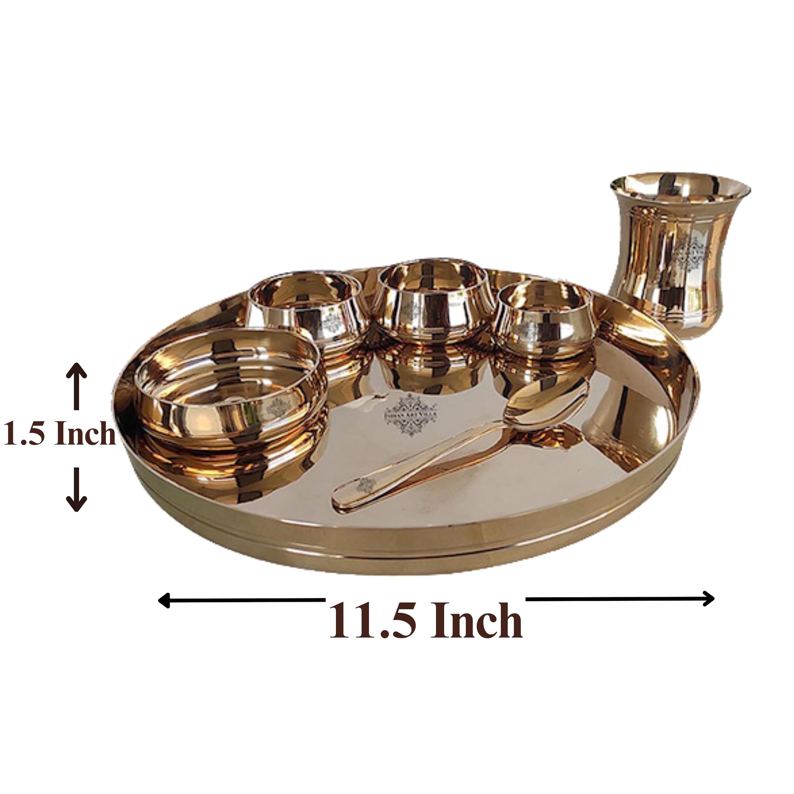 Indian Art Villa Pure Bronze 7-Piece Dinner Set - 1 Thali, 1 Glass, 1 Halwa Plate, 1 Spoon, 2 Bowls & 1 Small Chutney Bowl in Gold Finish | Elegant Dining Set for Indian Cuisine, Wedding Gifts & Home Decor