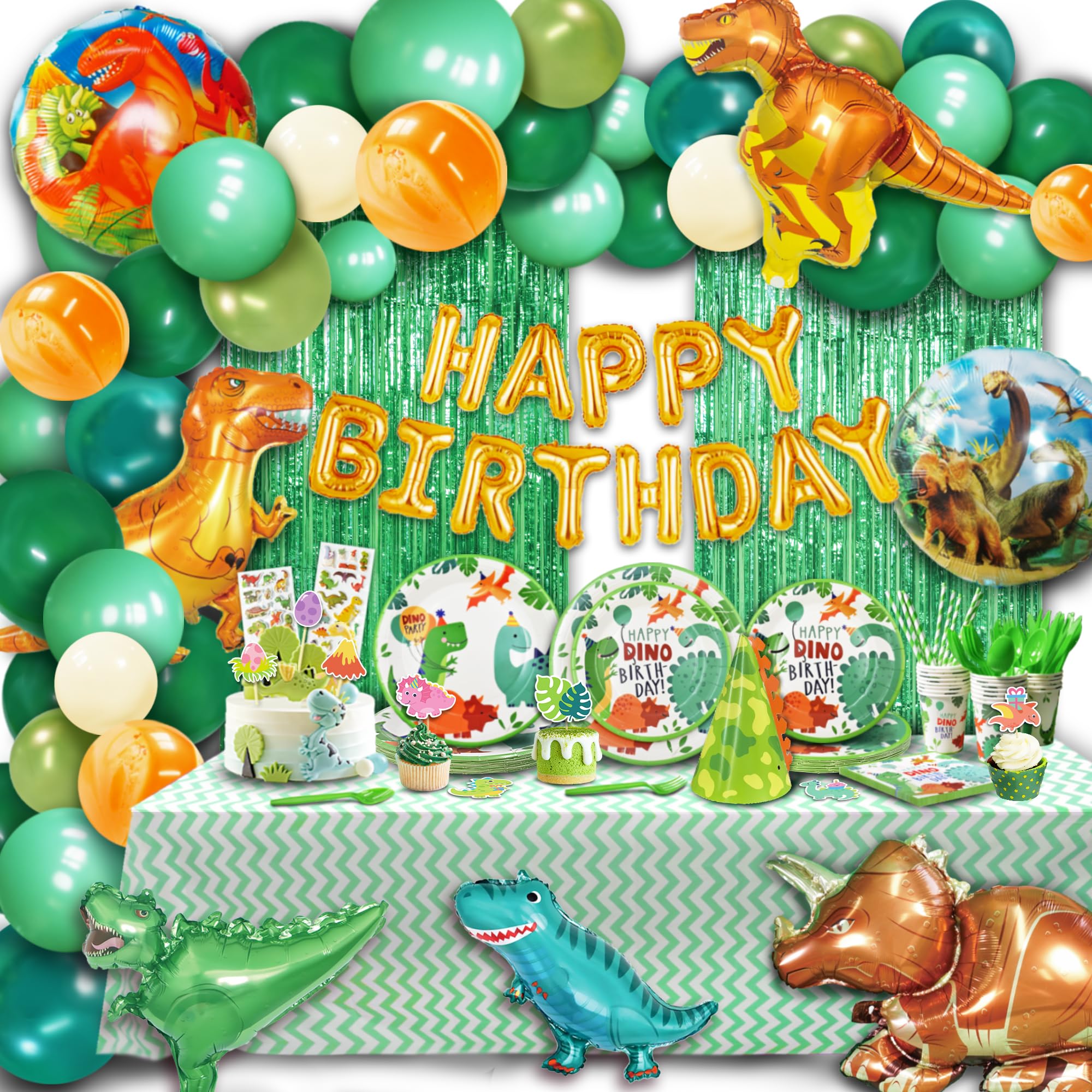Dinosaur Birthday Party Decorations Kit - 172 Pcs Including 12 Tableware Sets, Balloons, Fringe Curtains, Stickers, Paper Plates & Cups with Balloon Pump - Perfect for Kids' Dinosaur Themed Birthday Parties & Jurassic Decor