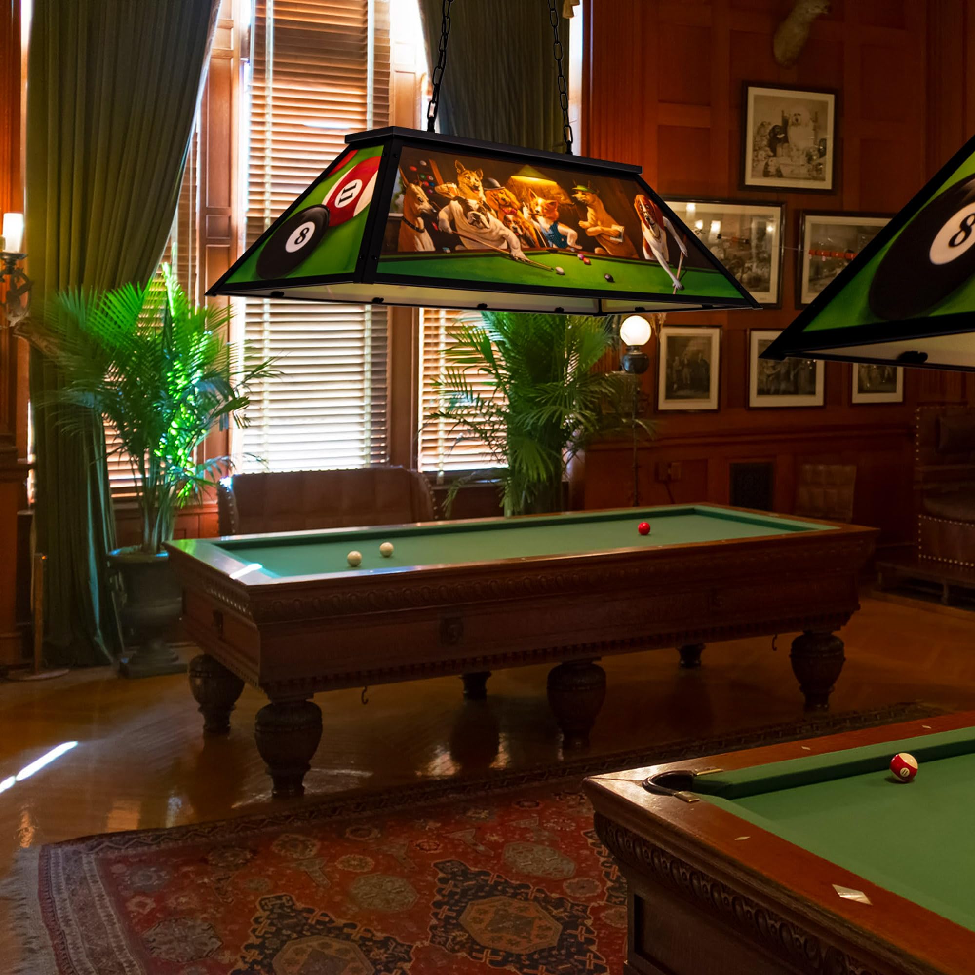 Wellmet Tiffany Style Pool Table Light Fixture - 3-Light Hanging Pendant Lamp for 7', 8', 9' Billiard Tables with Dogs Playing Billiards Design - Perfect for Game Rooms, Man Caves, Bars, and Dining Room Decor