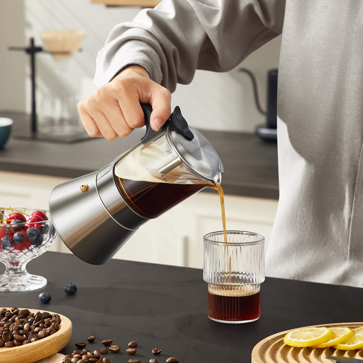 Moka Induction Stovetop Espresso Maker - 160ml Stainless Steel Italian Coffee Pot with Pressure Valve & Crystal Glass Top | Perfect for Home, Office & Camping Coffee Brewing