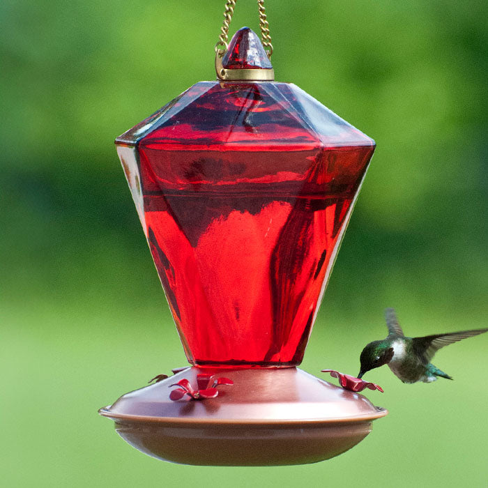 20 oz. Diamond Glass Hummingbird Feeder - Handmade Bird Feeder for Outdoors, Garden, and Patio - Attracts Hummingbirds with Red Base and Perches - Easy to Clean and Refill - Perfect for Backyard Bird Watching and Nature Lovers