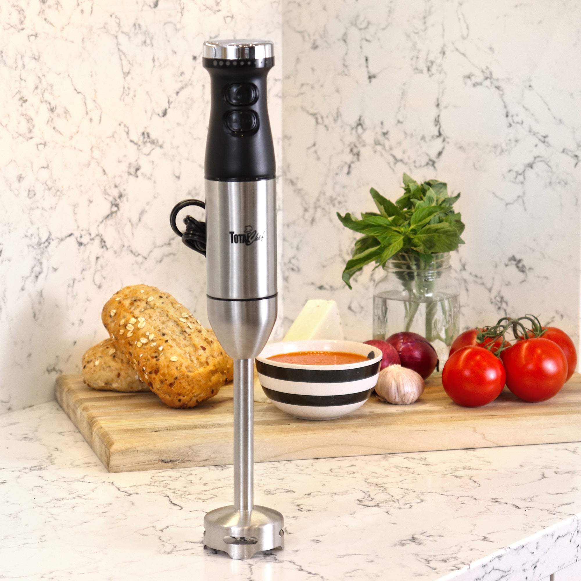 Total Chef 225W Variable Speed Hand Blender - Powerful Immersion Blender with Turbo Boost, Stainless Steel Blade & Ergonomic Handle - Perfect for Smoothies, Soups, Dips & Purees - Easy to Clean (Black & Silver)