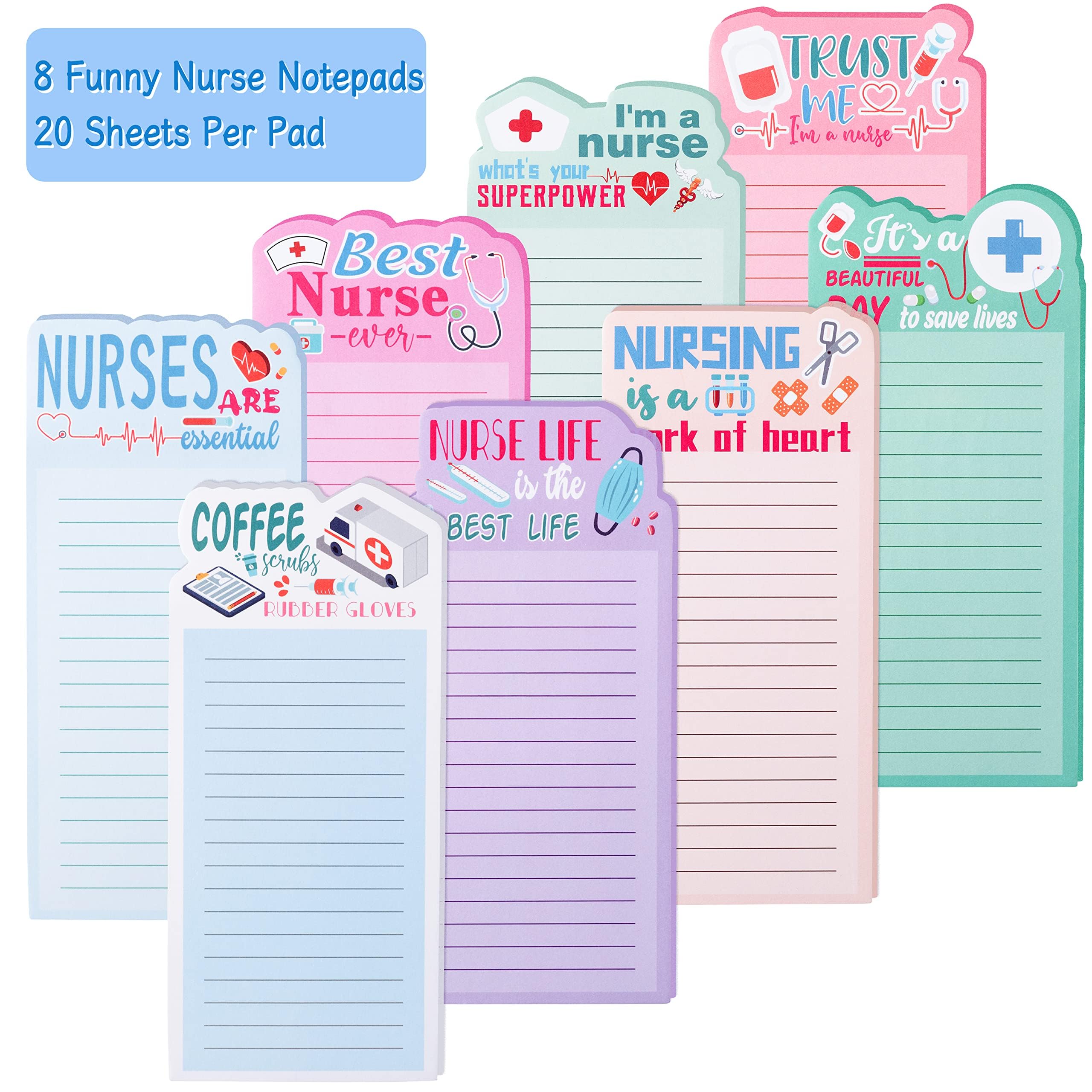 ANGOLIO 8 Sets Funny Nurse Notepads with Pens - Inspirational Medical Sticky Memo Pads for Nurses Appreciation Week, Nursing Graduation Gifts, Office & School Supplies - Perfect for Thank You Notes, Medical Reminders & Party Favors