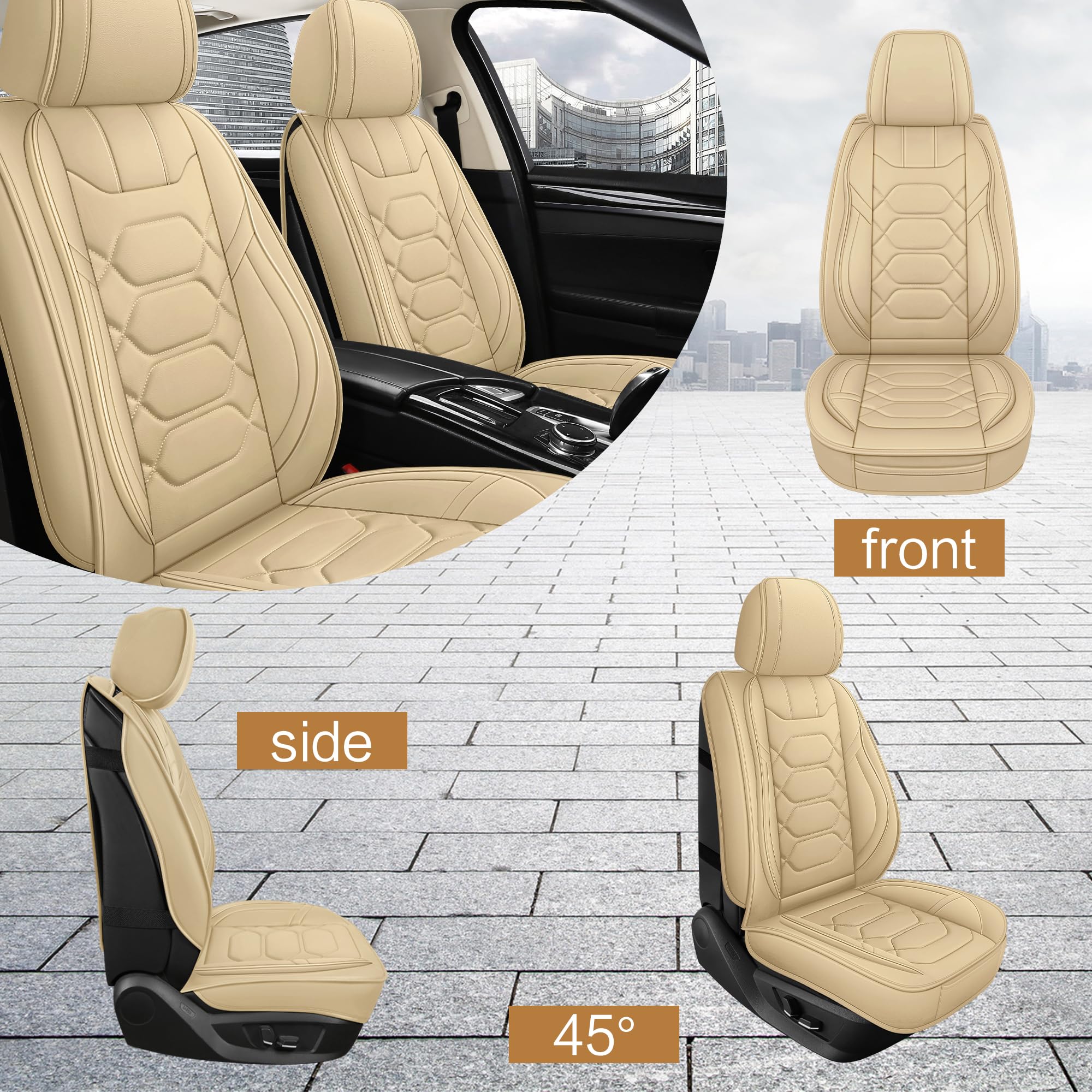 Premium Waterproof Faux Leather Car Seat Covers Front Pair - Breathable Non-Slip Universal Fit for Most Sedans, Trucks & SUVs | Perfect for Daily Commute, Road Trips & Family Travel (Beige)